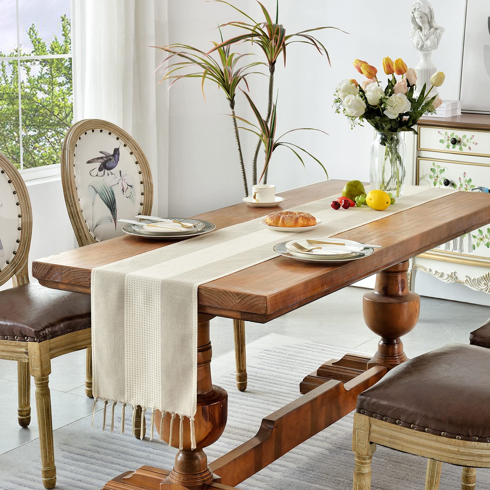 Wracra Runner da tavolo Macramè in lino e cotone, Runner da tavolo Caffè 275cm di lunghezza con nappe a mano, Runner da tavola in stile rustico per feste e uso quotidiano (Caffè Chiaro, 275cm)