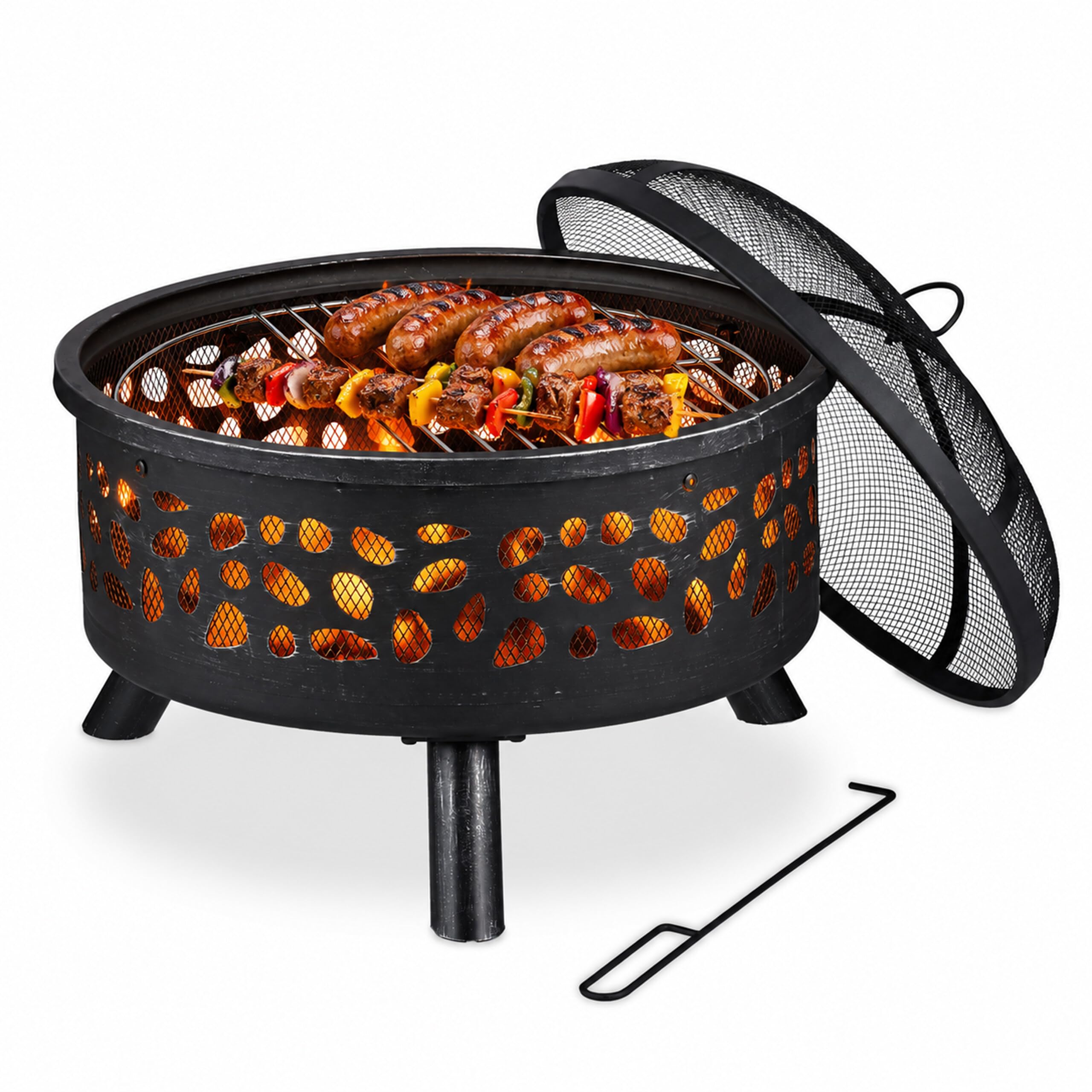 Relaxdays Feuerschale mit Grillrost & Funkenschutz, schwarz/Silber