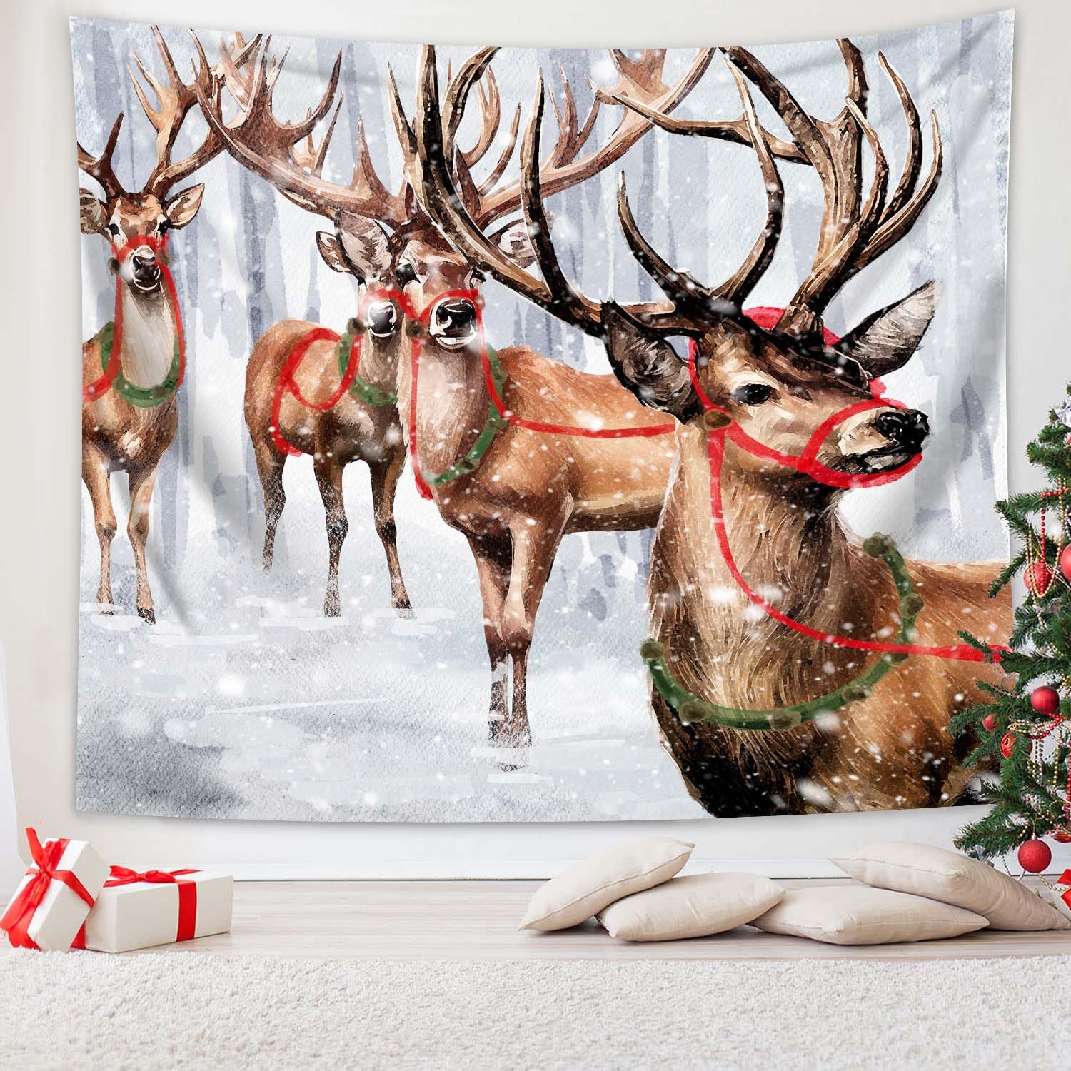 QGHOT Winter Tapestry Wall Hanging Winter Forest Backdrop Christmas Snowy Deer Wall Decor Snow Elk Tapestries for Bedroom Living Room Dorm Party