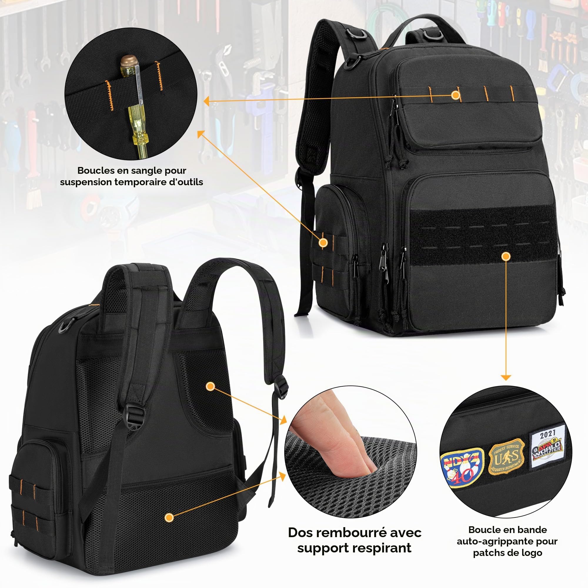 Rexmica Sac à Dos Outils pour Hommes avec 3 Pochette Zippée, Noir | Sac de Rangement d'Outils, Travail de Rangement d'Outils Tactique pour Réparateur, Électricien, Bricoleur