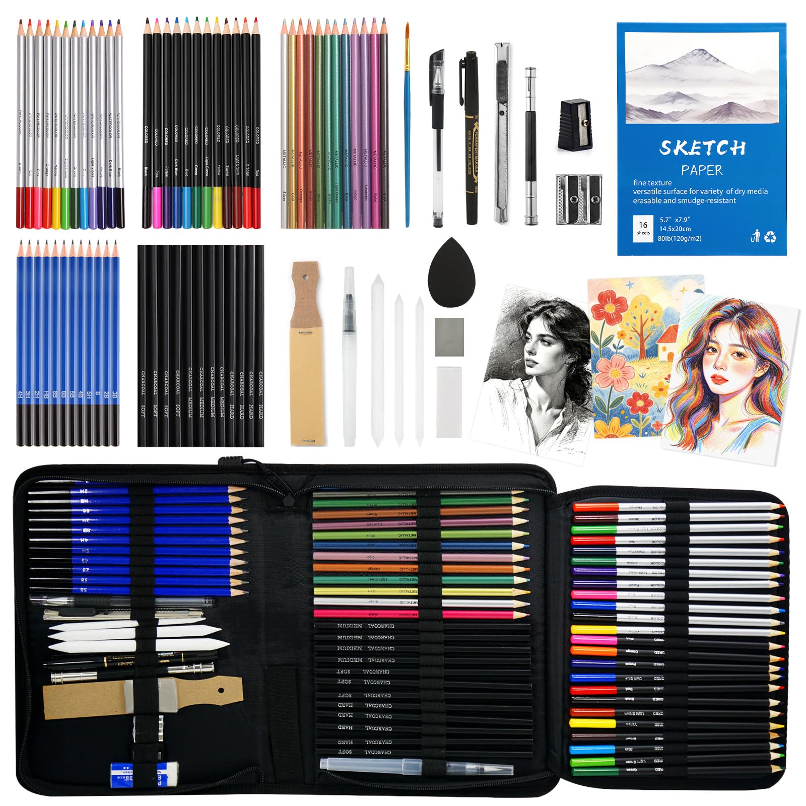 Drawing Sketch Pencil Set 78 Pcs - Sketching Pencils Kits for Colouring Professional Art Supplies with Charcoal Graphite Metallic Watercolour Oil Pencils - Pencil Sets for Artist Adults Kids Teenagers