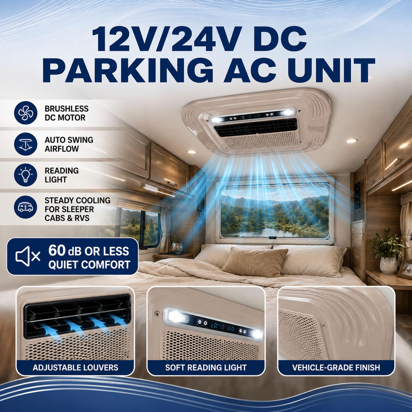 Klimatyzator dachowy Dc, Przenośny klimatyzator do kampera, zdalne sterowanie i LED, klimatyzacja parkowania DC do kabiny ciężarówki, Camper 24v-1800w