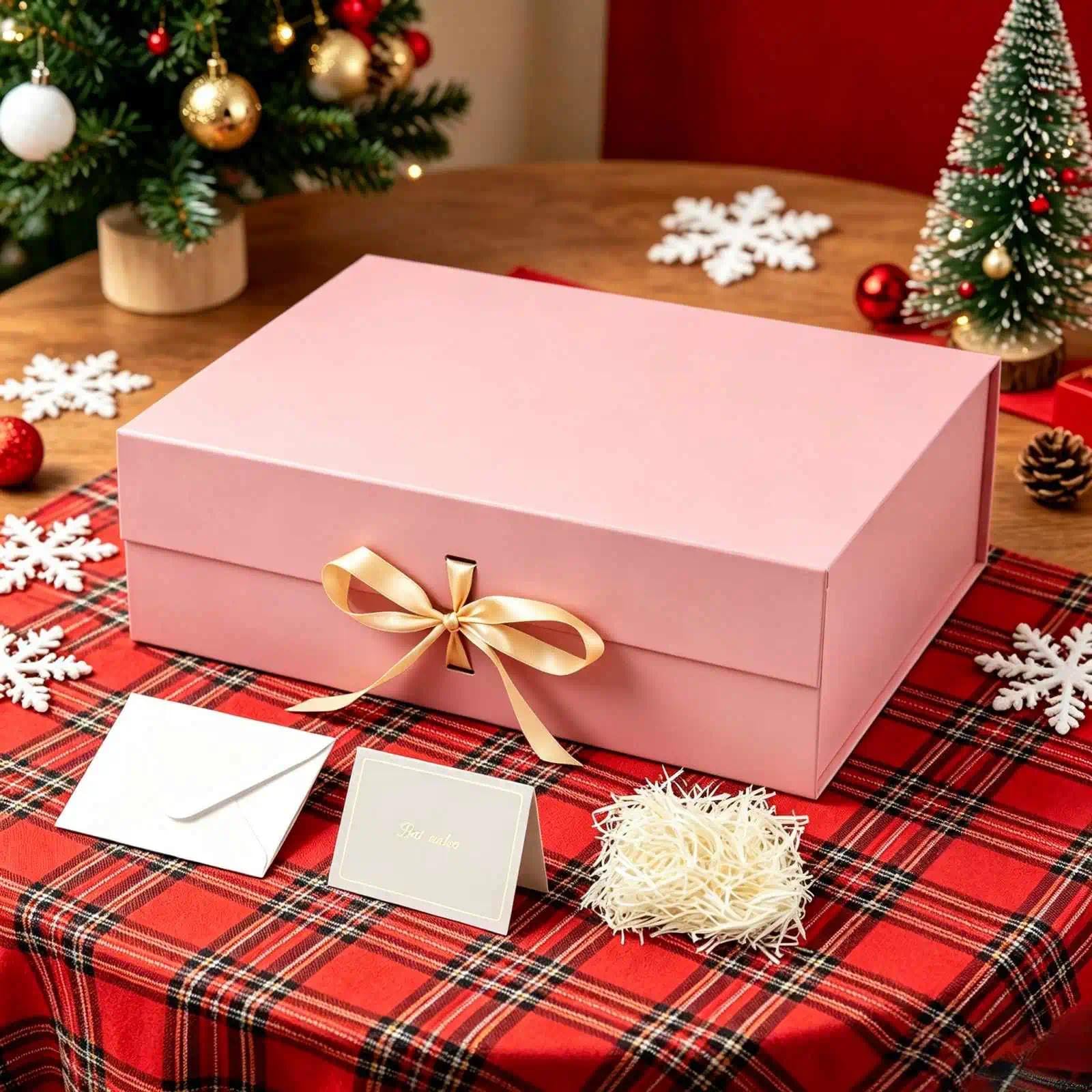 Rosa Geschenkbox groß 48.5 x 40.5 x 15.3 cm Geschenkbox mit Deckel 3 Stück | Magnetische extra groß, Inkl. Schleife, Inkl. Raffia & Grußkarte, Ideal für Hochzeitskleid & Anzug