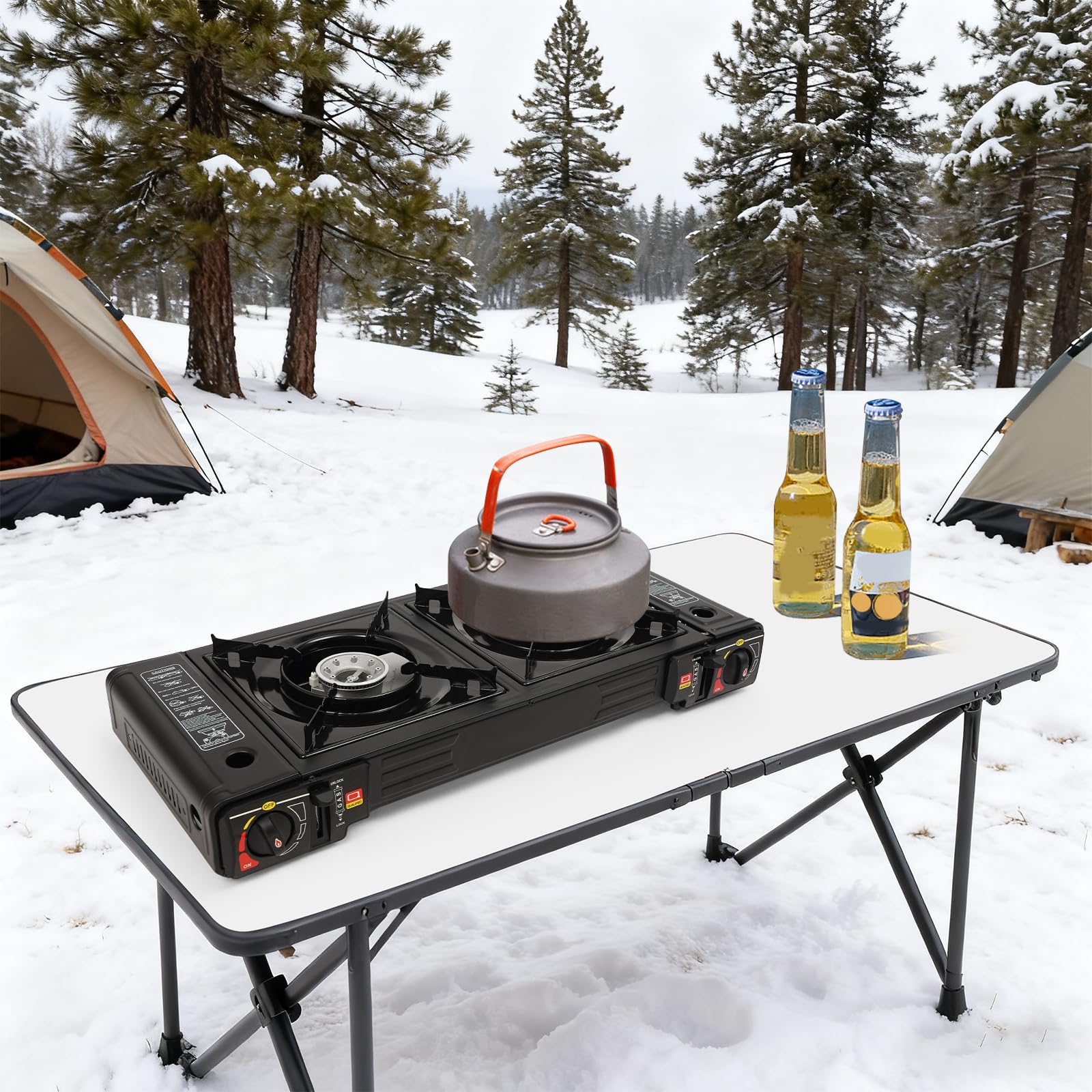 Fornello da campeggio a 2 fuochi da 2500 W, con piastra e borsa per il trasporto, fornello a gas portatile con accensione piezoelettrica e protezione da sovratensione, barbecue a gas per esterni, per