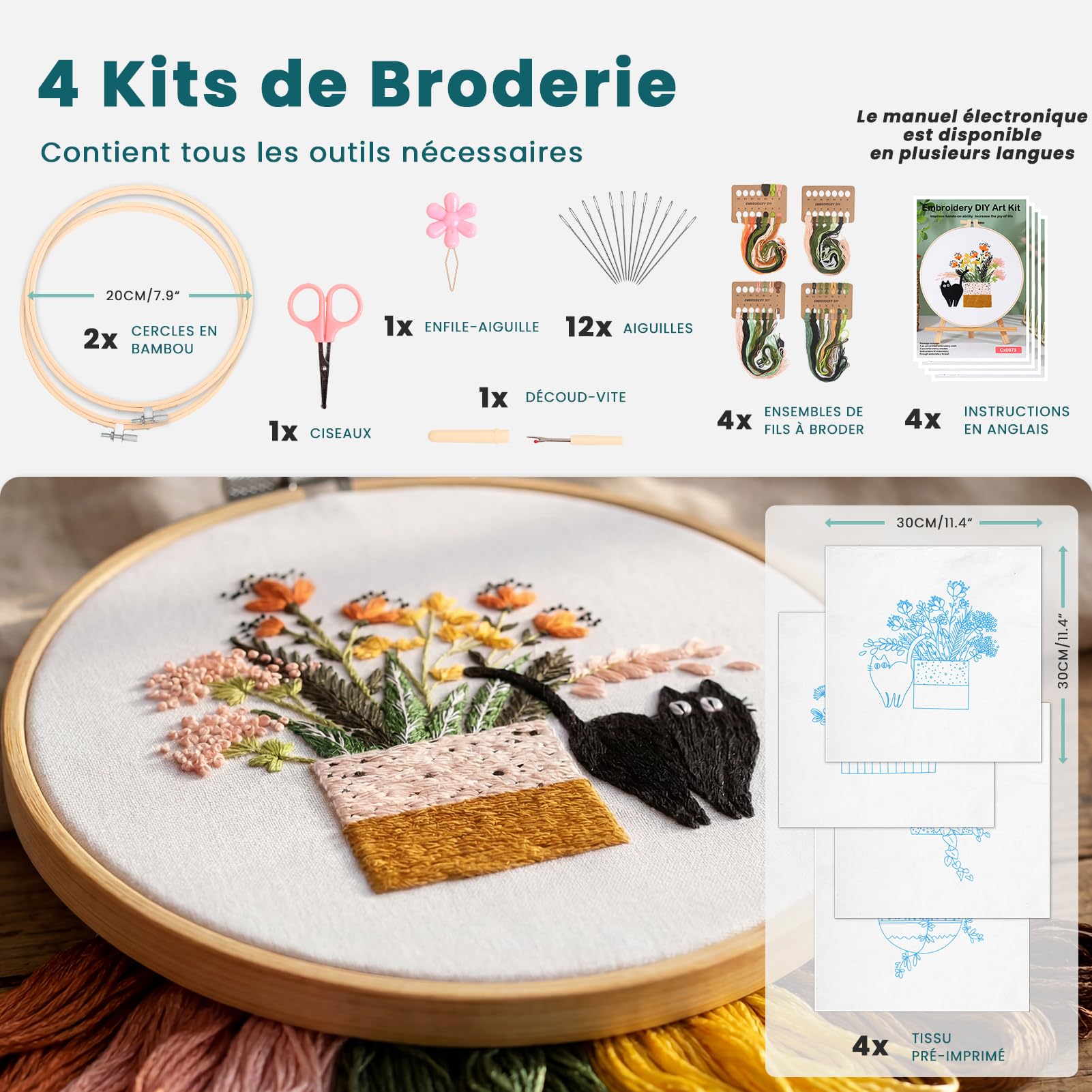 Homwiz Kit Broderie Debutant, 4 Kits de Broderie pour Motifs Floraux et Végétaux, avec 2 Cercles en Bambou Fils Colorés Instructions Aiguille Ciseaux pour Enfants Artisanat DIY (Havre des Chats)