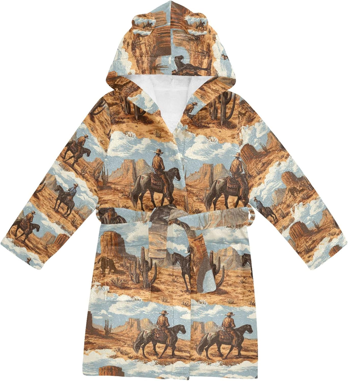 Cowboys Horse Cactus Bathrobe Hooded PJ Robe Soft Fleece Robe Pajama Sleepwears 2-12 Years