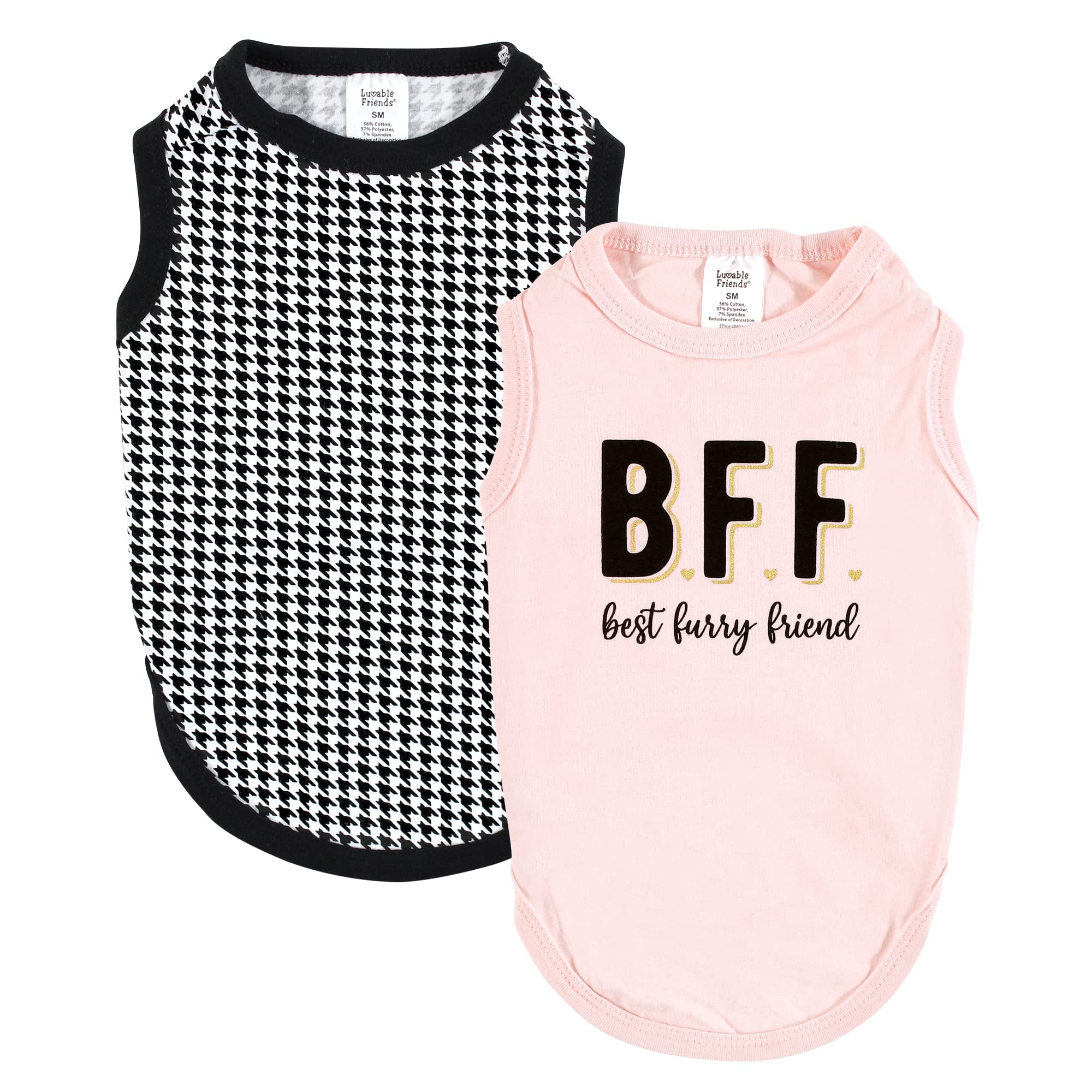 Luvable Friends Dog Pet Dog and Cats Cotton T-Shirts 2pk, BFF Houndstooth, X-Large