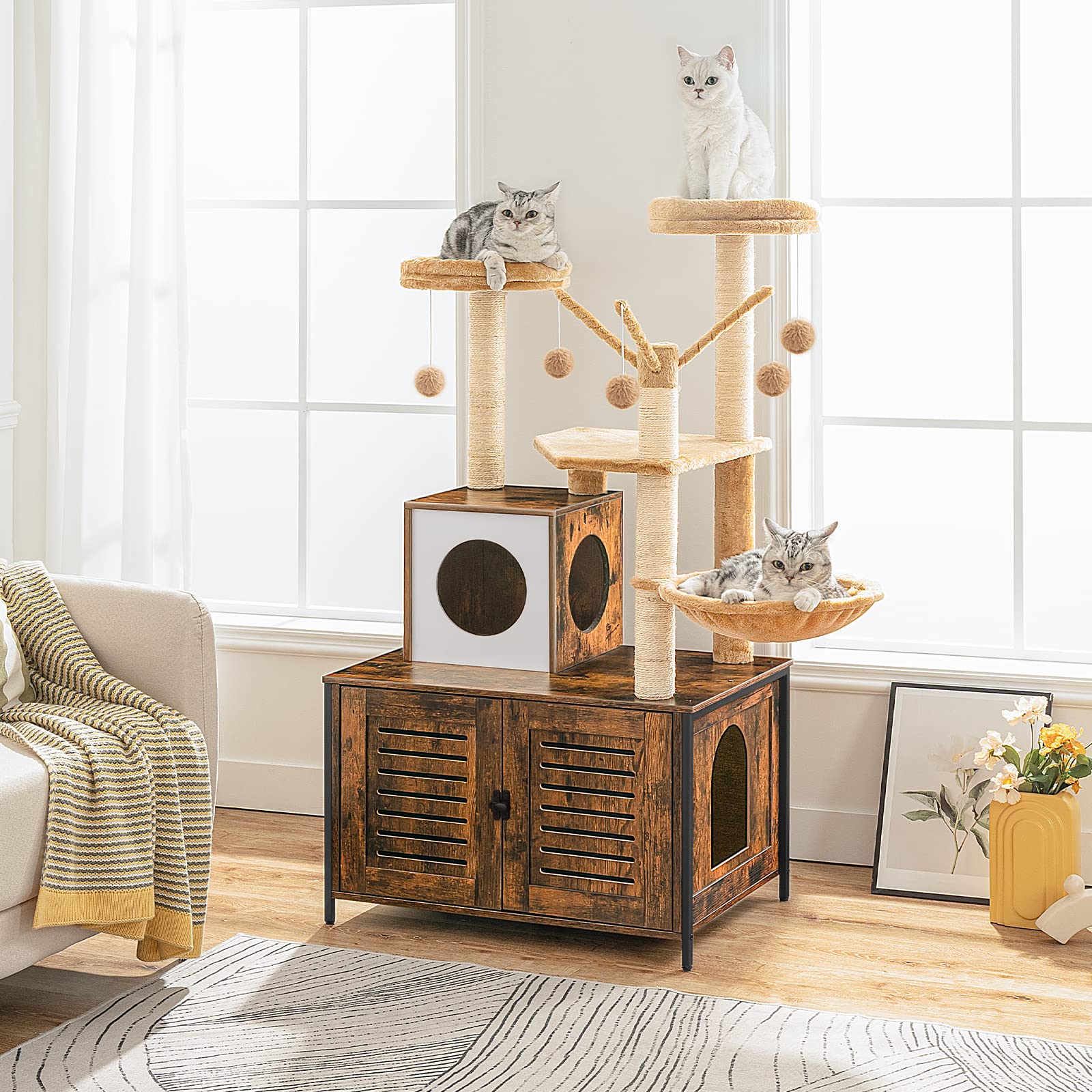HOOBRO Arbre avec Maison de Litière en Bois avec Tour pour Chat, Bâton taquin à Pompon Amovible, Piliers en Sisal, Marron Rustique EBF14MZ03