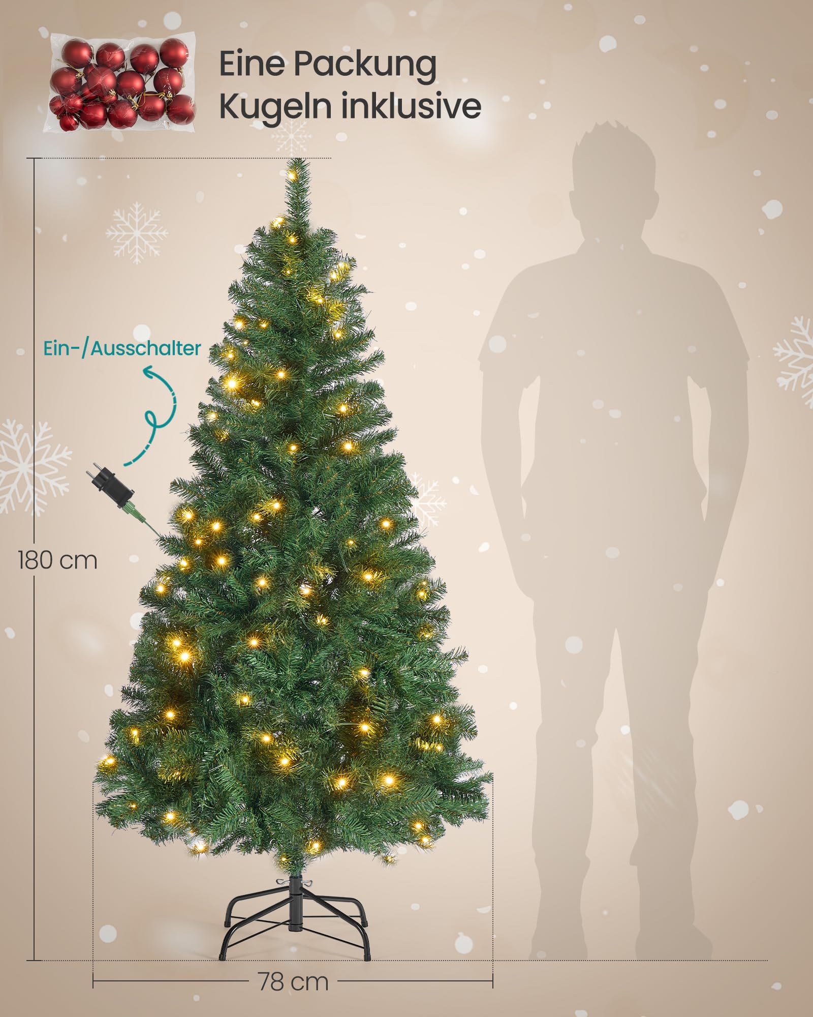 SONGMICS Künstlicher Weihnachtsbaum, 180 cm, mit Beleuchtung