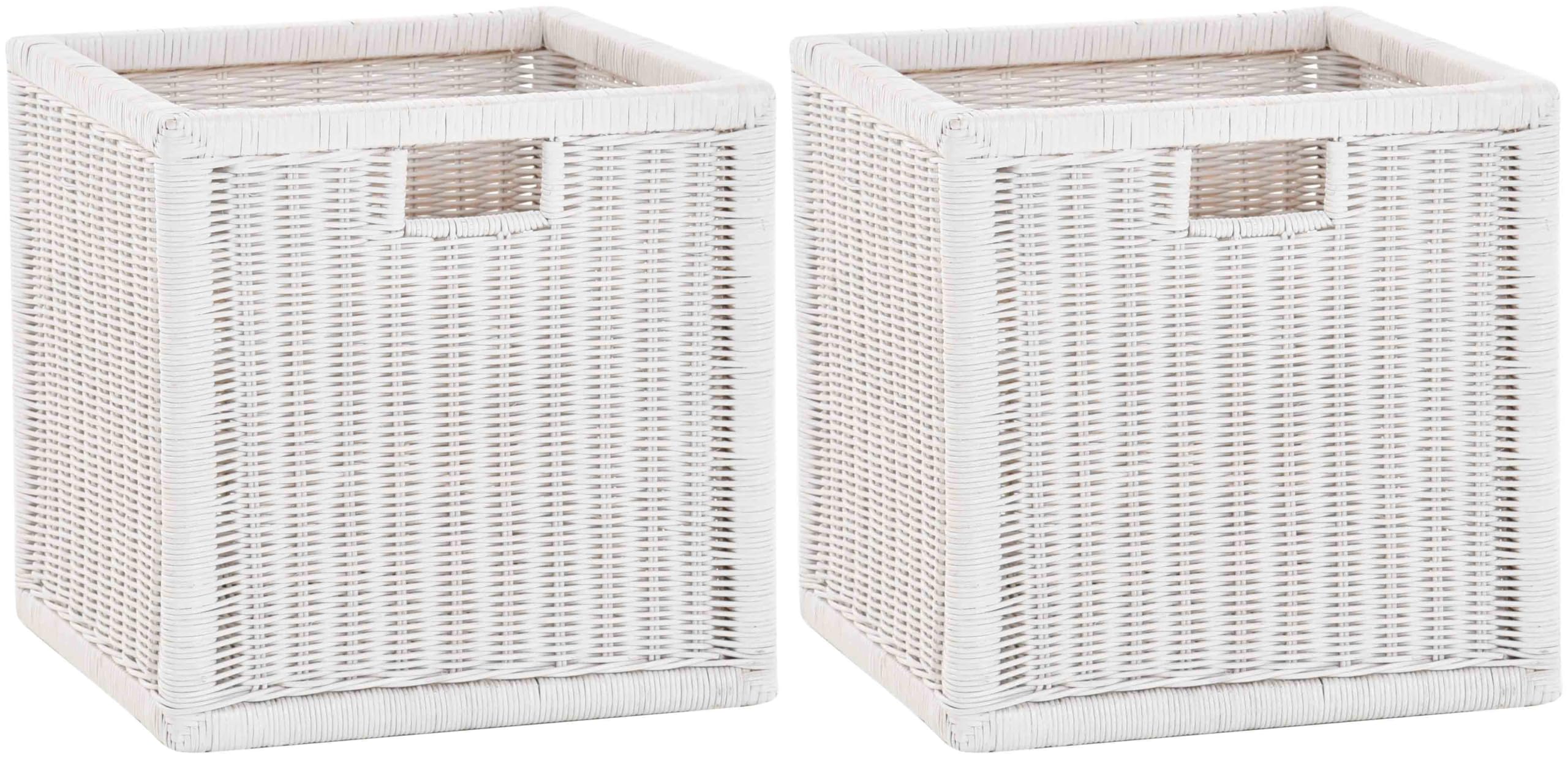 Kosz outlet zestaw / 2 koszyki regałowe, białe, ok. 36 x 36 x 36 cm, z drewnianą ramą, rattan, do przechowywania, kosz do szafy, uchwyt