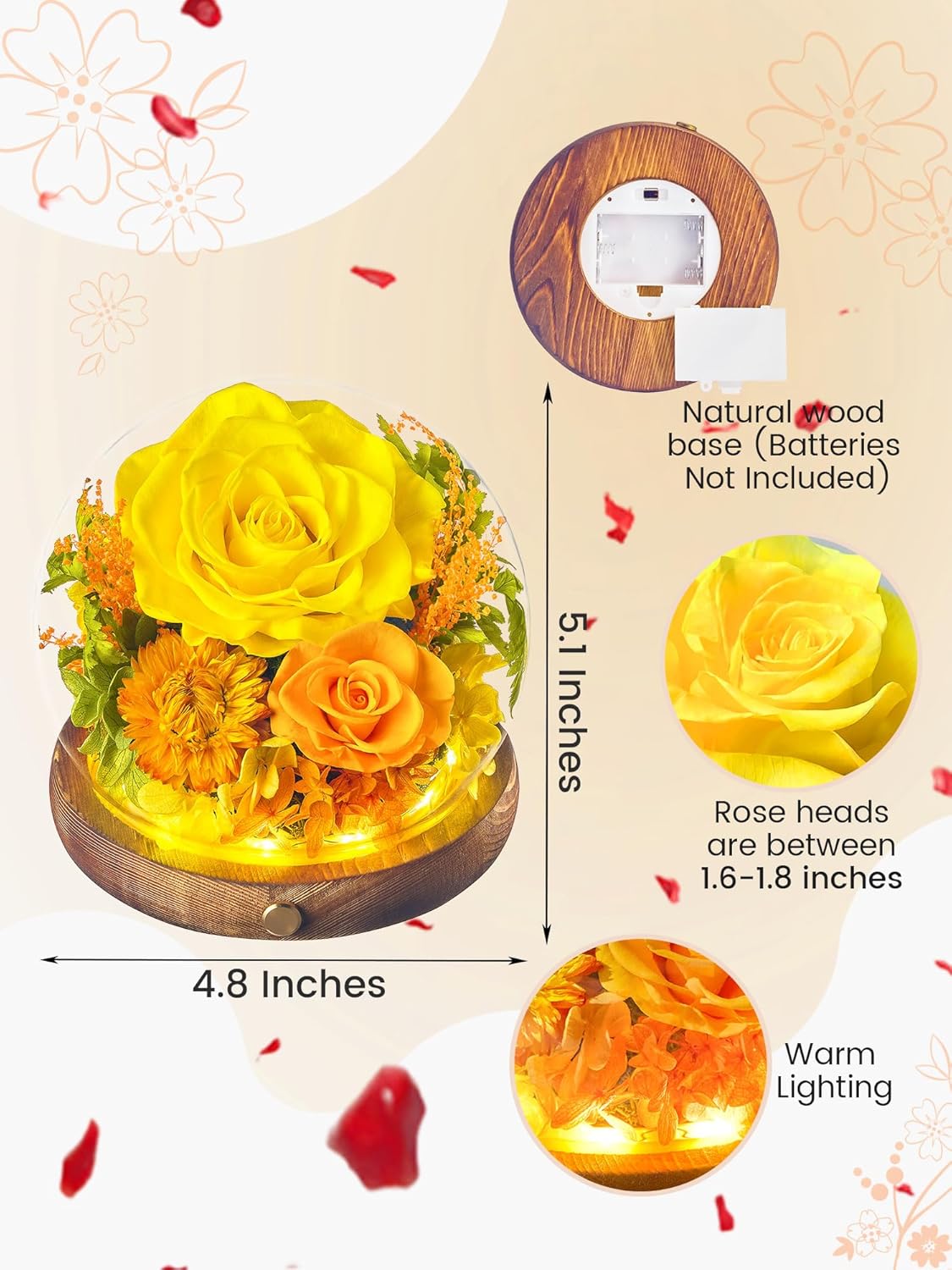 Rose in Glass Dome Flowers for Delivery Prime Preserved Roses Forever Flowers Rose Globe Ball Flower Globe Gift for Women Mom Grandma Wife Friend Birthday Mothers Day Yellow - Image 2