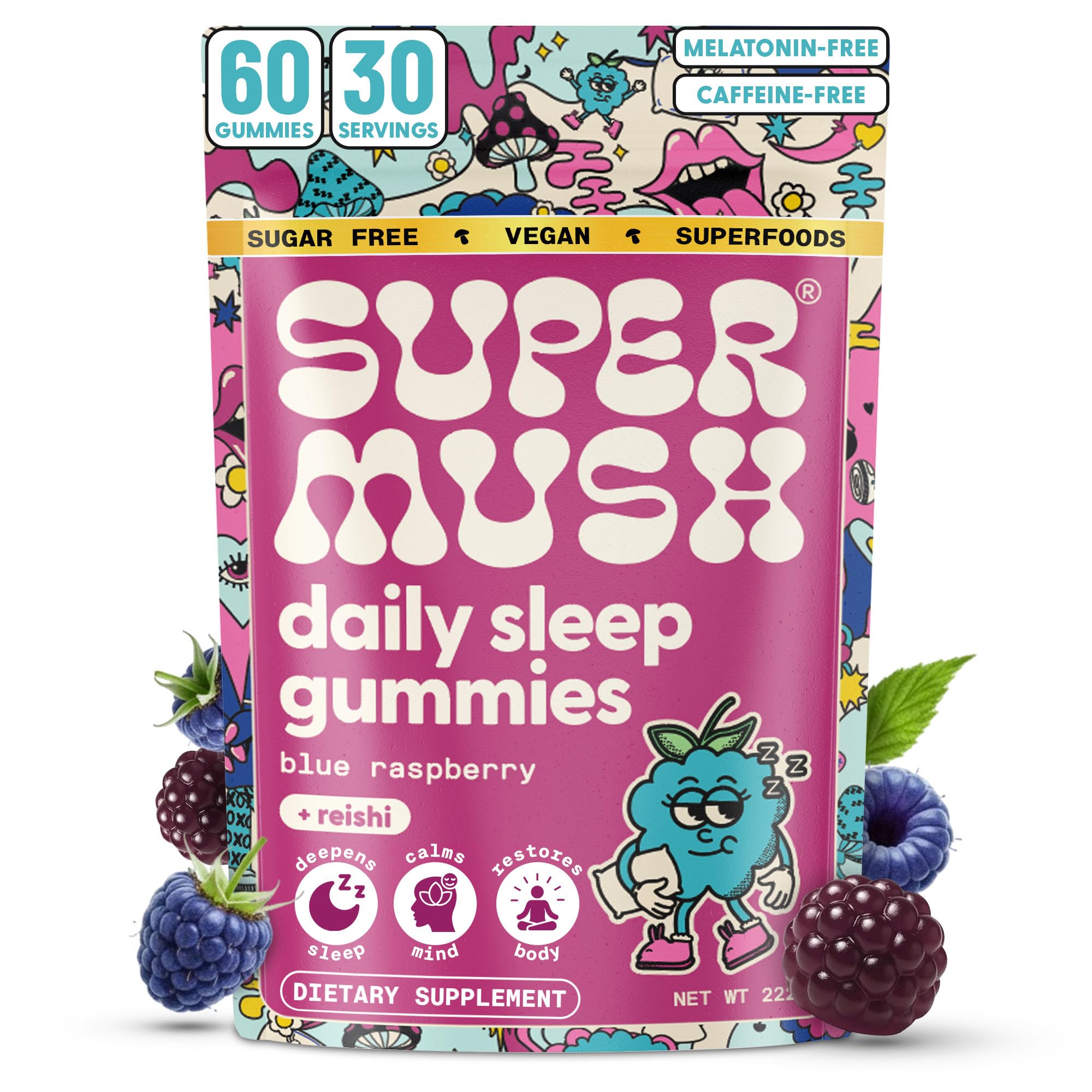 SuperMush Sleep Gummies for Adults - Mushroom Supplement with Magnesium Citrate, L-Theanine, Chaga, Reishi & Chamomile for Deep Sleep, REM & Detox - Vegan & Sugar-Free - 60 Gummies (30 Servings)