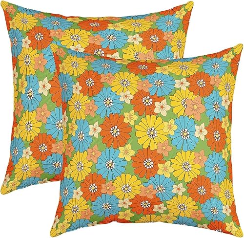 Miniatura 4 de Erosebridal Juego de 2 fundas de almohada hippie de los años 60 y 70 pulgadas de 20 x 20 pulgadas, fundas de cojín retro con flores groovy, fundas