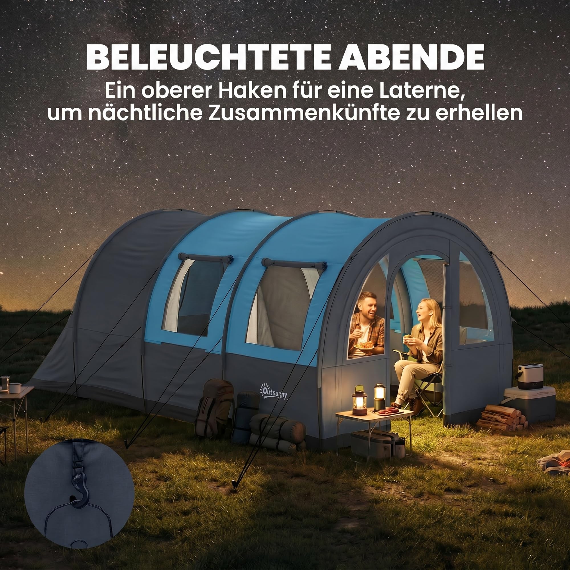 Outsunny Tunnelzelt, Campingzelt für 3 Personen, mit 2 Räumen, Lichthaken, groß Gruppenzelt mit Tragetasche, 3000mm Wasserabweisend Familienzelt, für Garten, Campingplatz