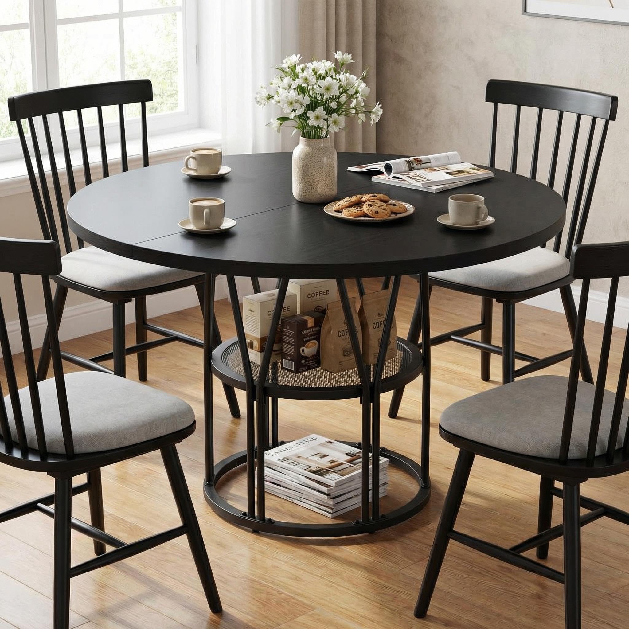 Photo 1 of ***PARTIAL SET***Garvee Round Dinning Table for 4-6 - 47" Circle Dinner Table with Storage Shelf & Sturdy Metal Frame, Modern Breakfast Tea Desk for Kitchen, Living Room, Apartment, Office, Black