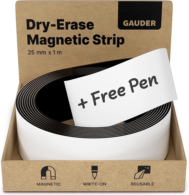 GAUDER Dry Erase Magnetic Tape | Magnetic Strips | Magnetic Labels | Magnetic Tape (25 mm x 1 m)
