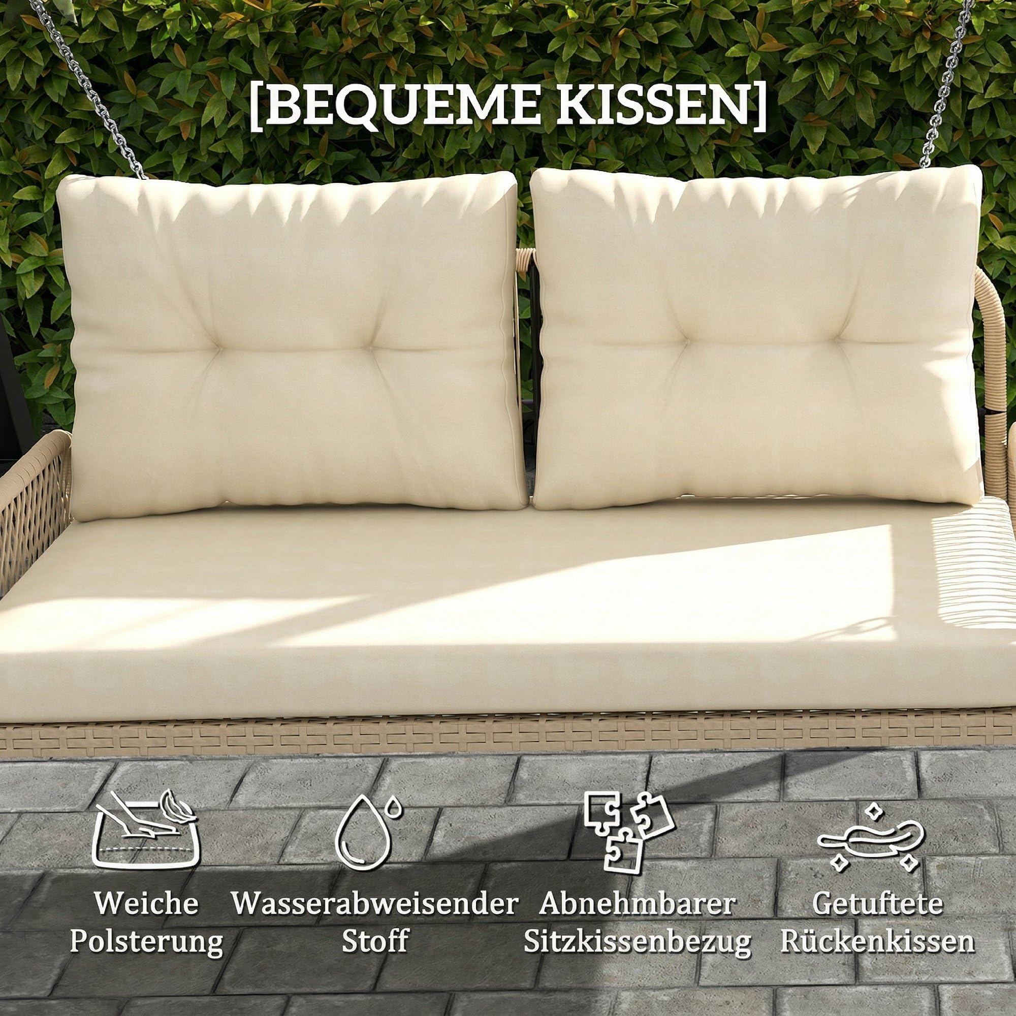 Outsunny Hollywoodschaukel 2-Sitzer Rattan Mit Kissen 115 x 66 x 44cm Beige