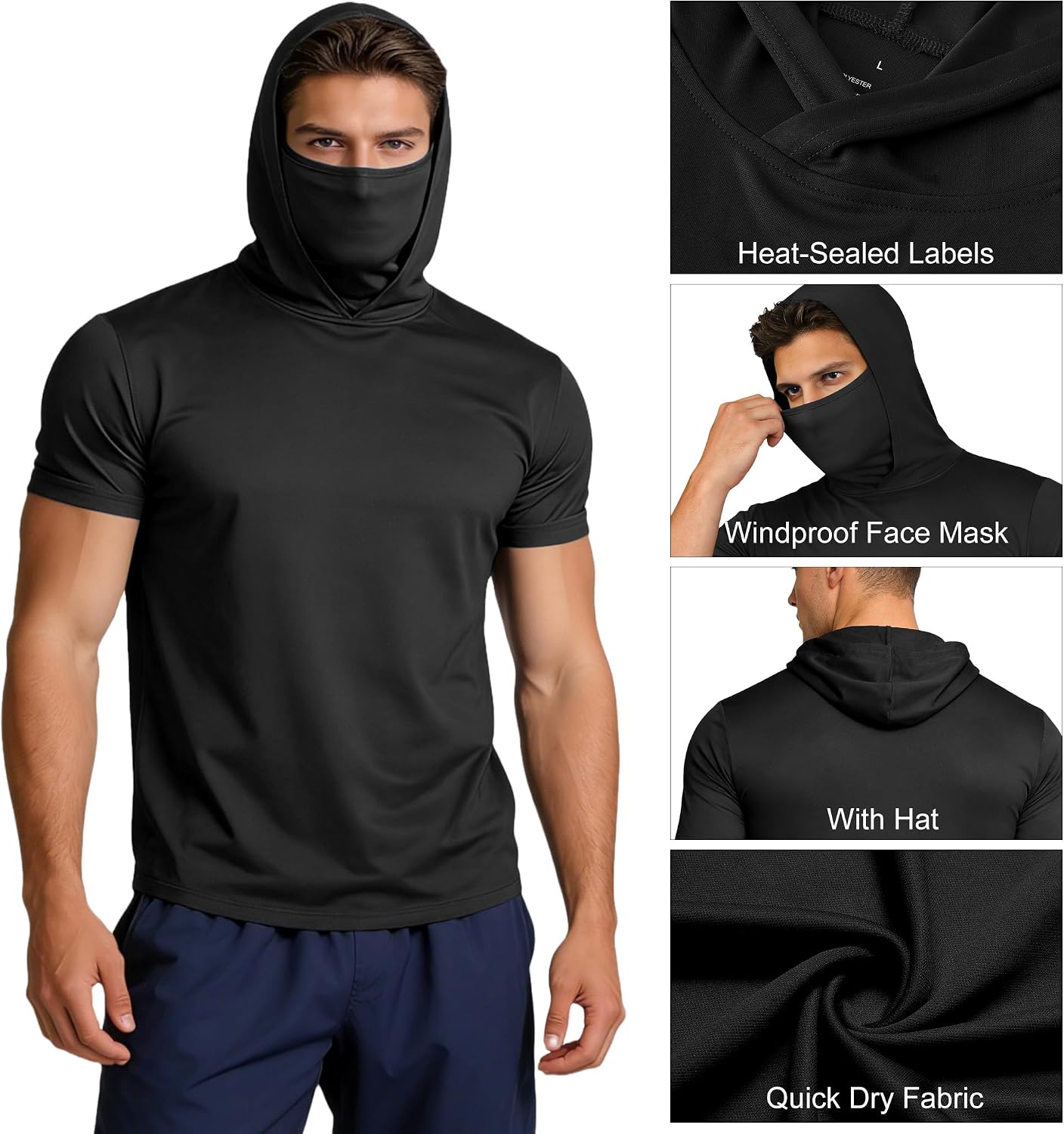 HovSiyla 5 Pack Mens Fishing Hoodie UPF Sun Protection Quick Dry Short Sleeve Shirts Hiking Casual Performance Face Mask Top