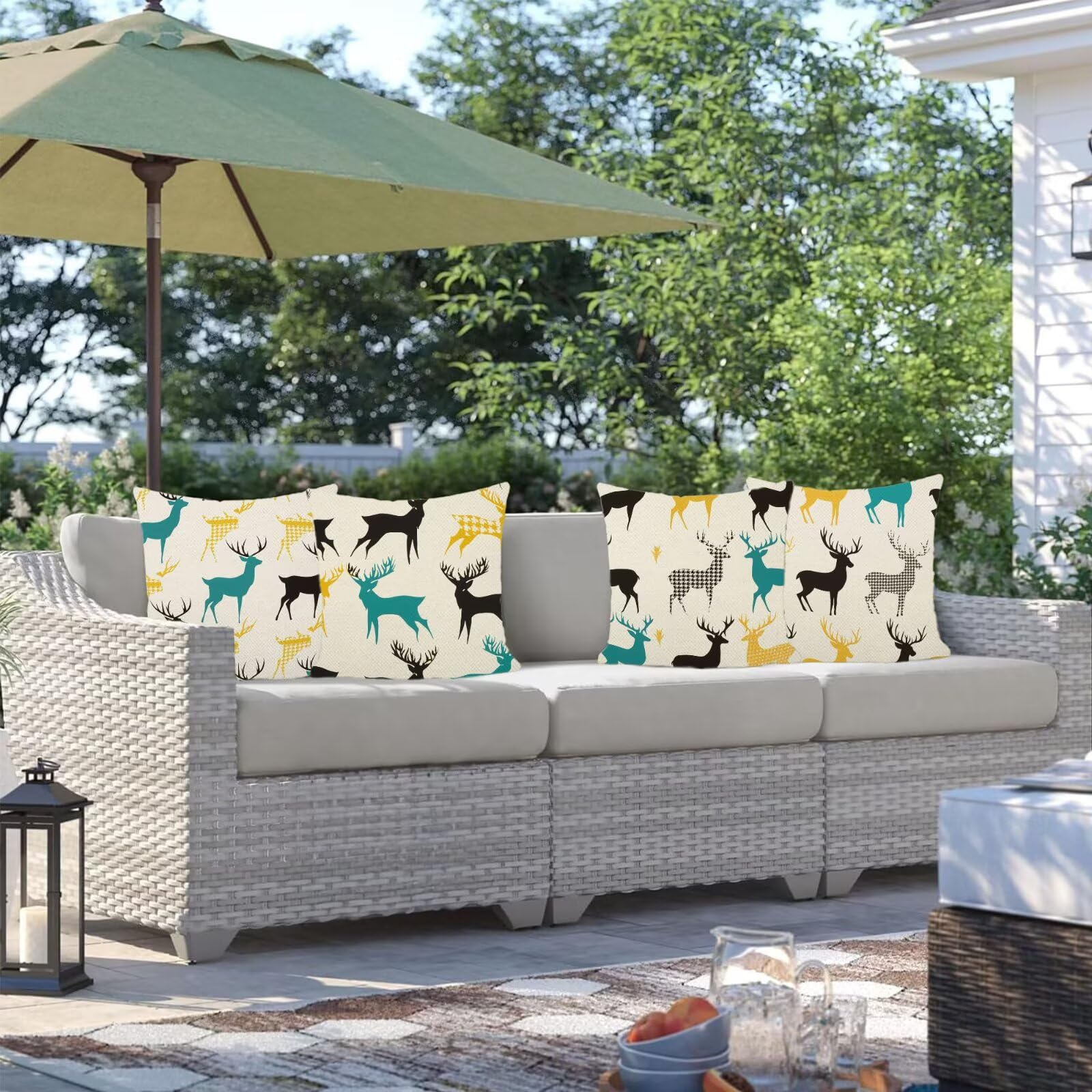 Cuscini Per Divano 60x60cm Set di 4 Cuscini da Esterno Divano Modello Cuscino Esterno Decorativo in Piazza Estate Lino Impermeabile Cuscino Outdoor Pillowcase, Decorazione Del Giardino Cervo N-1
