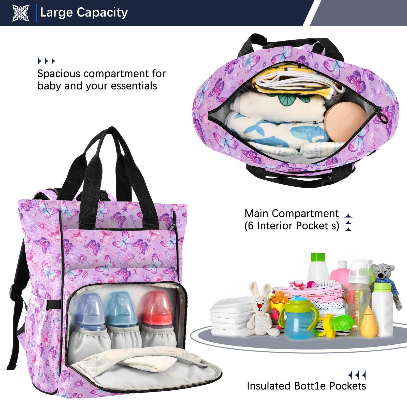 Mnsruu Mochila para pañales de bebé, diseño de flores de mariposa, bolsa grande, impermeable, bolsa de pañales de viaje para mamás y papás