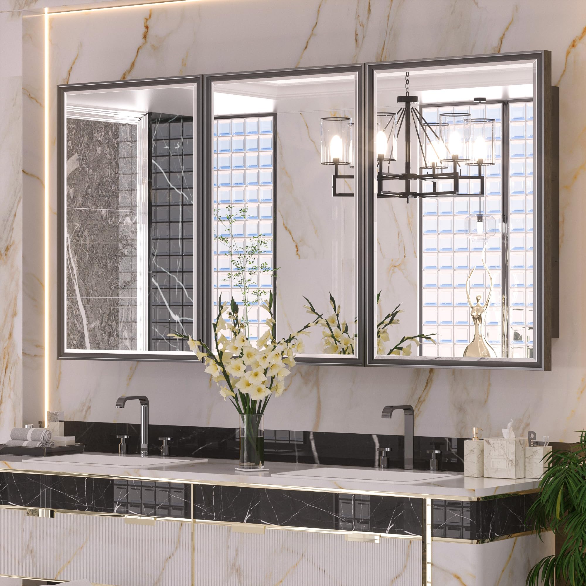 Keonjinn 60” x 30” Black Bathroom Medicine Cabinets with Mirror Recessed or Surface Wall-Mounted Aluminum Alloy Framed Beveled Mirror with Soft Close Hinge, 3 Doors Modern Bathroom Mirror with Storage