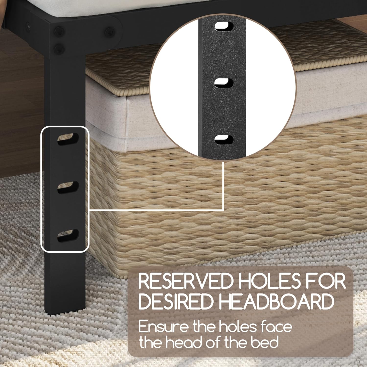 Nærbillede af reserverede huller på sengebenet til fastgørelse af hovedgærde