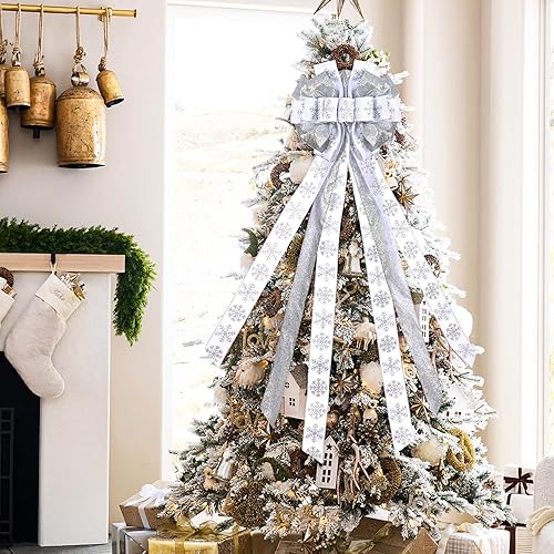 Miniatura 4 de Decoración para árbol de Navidad, lazo de corona de Navidad de 45 x 12 pulgadas, lazo grande blanco con patrón de copo de nieve para decoración del