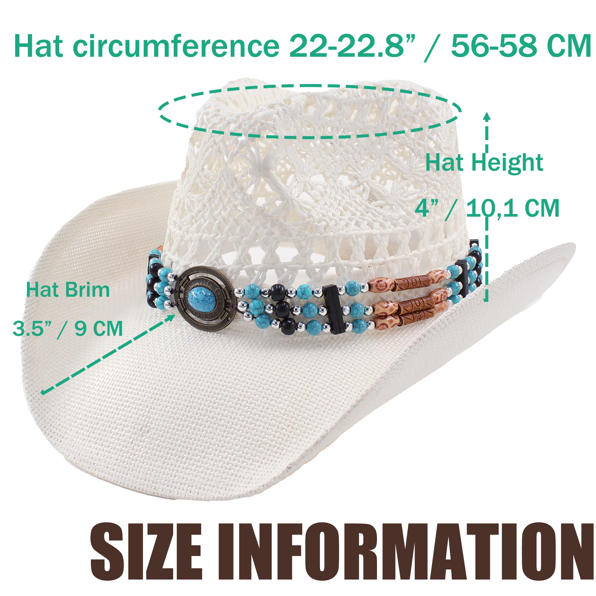 Sombrero Vaquero Mujer Hombre Estilo Oeste de Paja Calada con Cuentas Turquesa Decorativas, Transpirable, Ajustable, Verano, Western