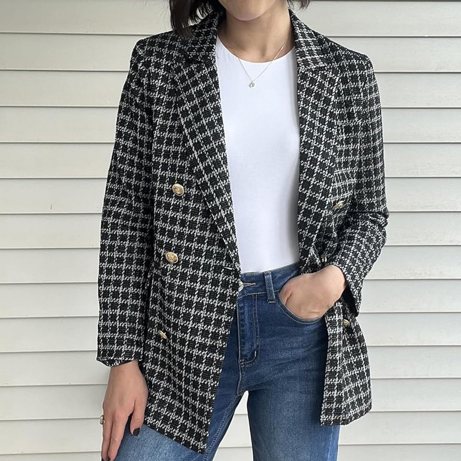 Longblazer, giacca da donna elegante, taglie grandi, in tweed da donna, in tessuto lungo, doppiopetto, giacca oversize, per il tempo libero, business, ufficio, blazer temperamento