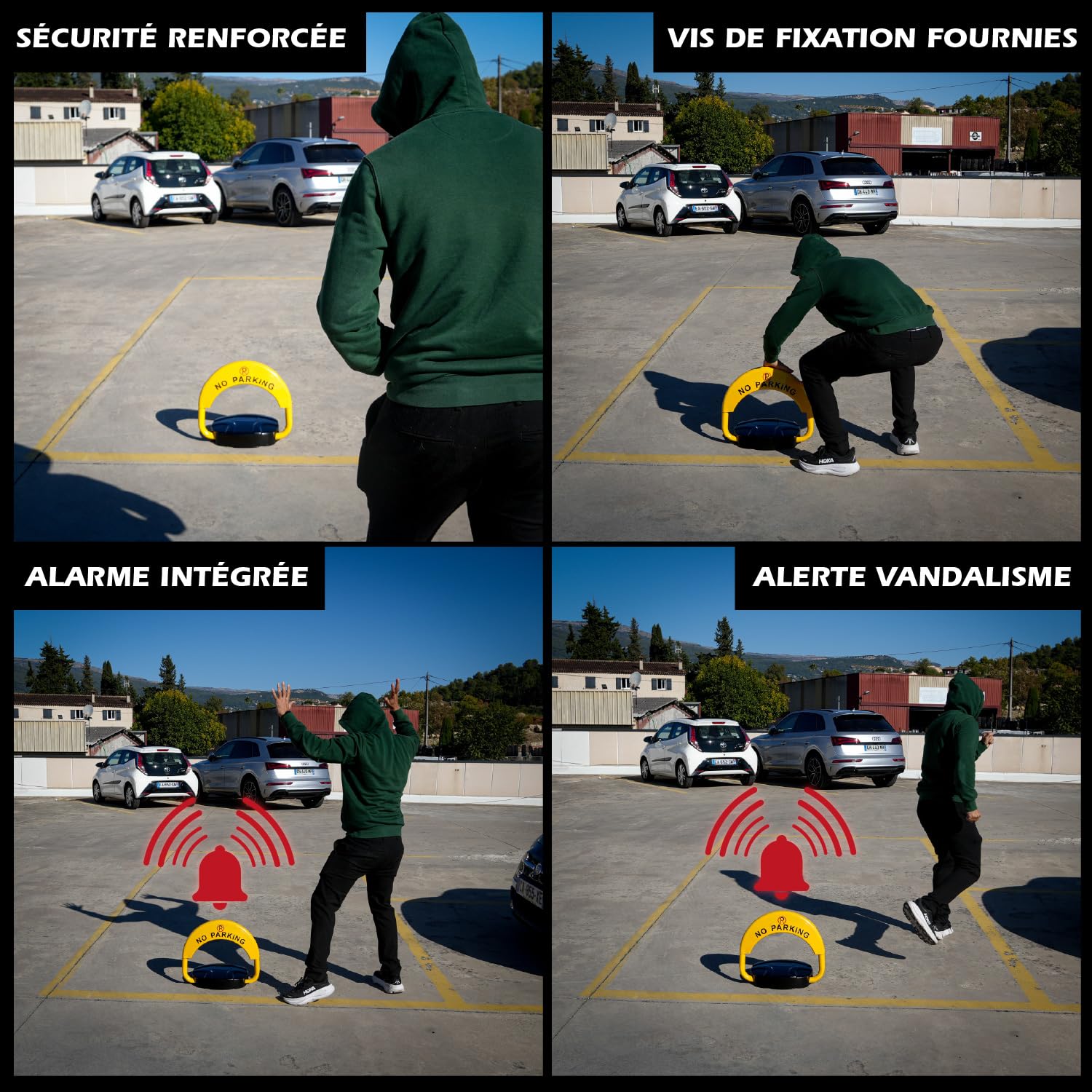 Barrière de Parking Rabattable Solaire, Contrôle à Distance 15m Verrou Télécommande, Système d'Alarme Intelligent Intégré Serrure de Stationnement, Bloque Parking Solaire