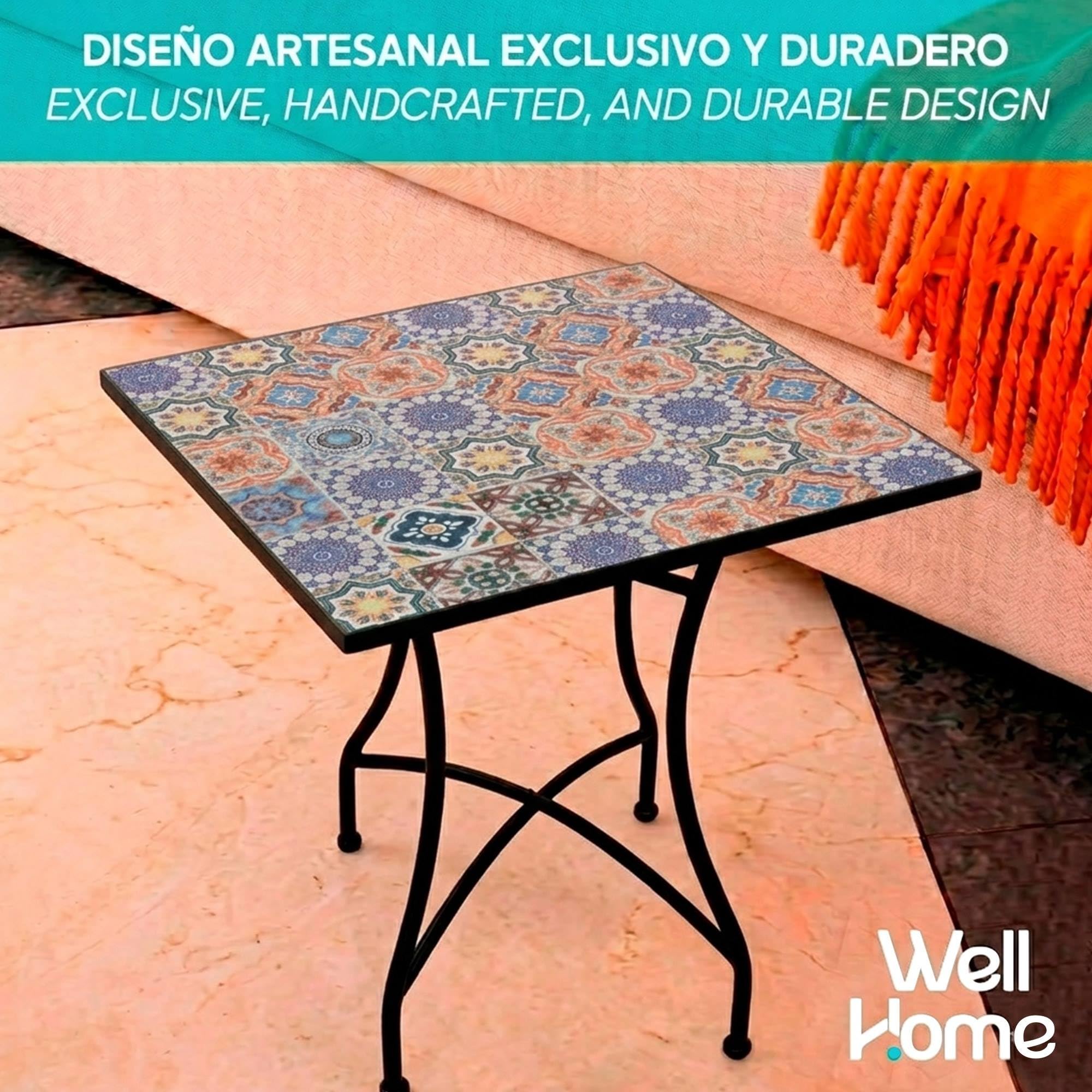 Mesa Auxiliar de Patio de Mosaico Redonda - Mesa de Café para Jardín y Terraza con Patas de Hierro Forjado Antióxido, Mesa Pequeña Decorativa para Exterior e Interior, 58x58x72, Modelo Vito