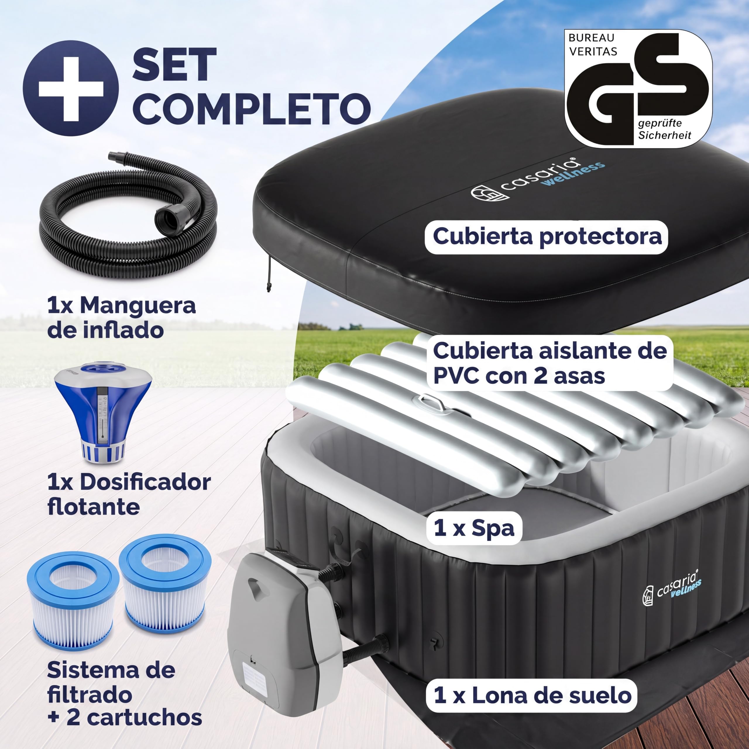 CASARIA Hidromasaje Hinchable 4 Personas 165x165cm Cuadrado 42°C Accesorios