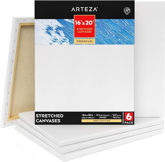 Arteza Stretched Canvas for Painting, Pack of 6, 40.6 x 50.8 cm, 12.3-oz Gesso Primed 100% Cotton Canvases for Acrylic Painting and Pouring