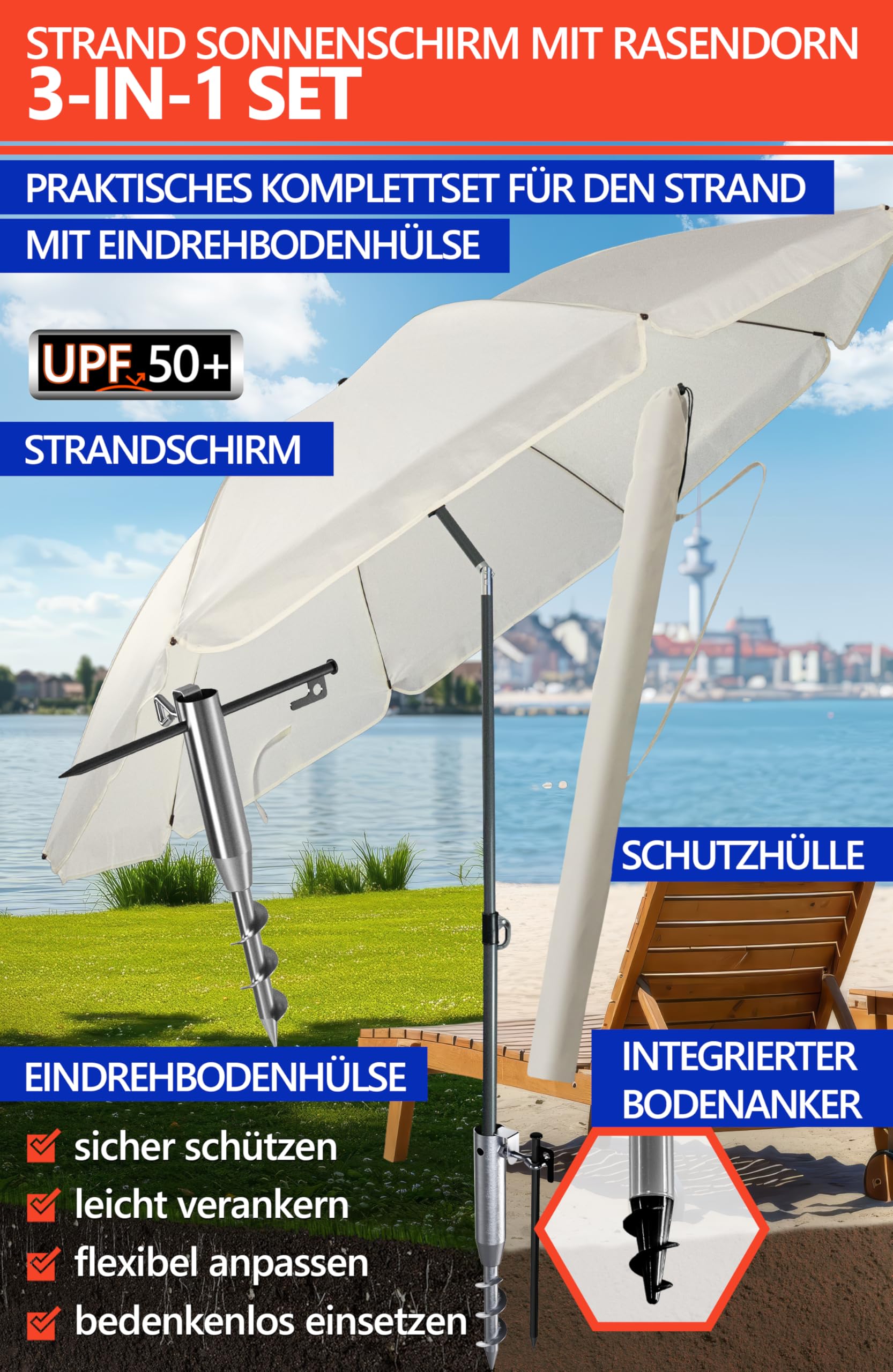4smile Sonnenschirm Strand Set 3-in-1 Ø 180 cm Windfest UV Schutz 50+ Beige