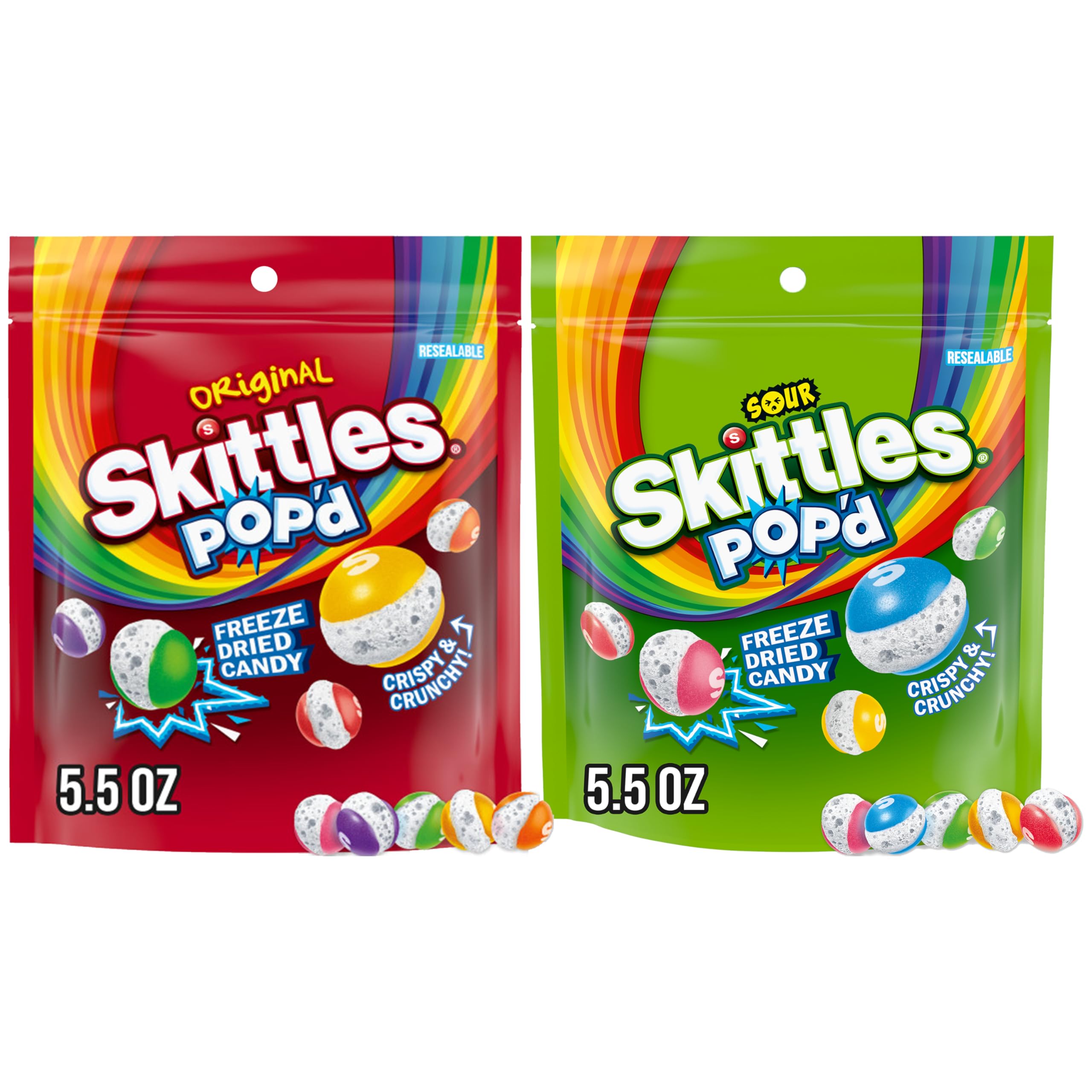 SkittlesPOP'd Freeze Dried Candy Original and Sour Candy Bundle, 5.5 Oz Resealable Crunchy Candy Bag, Pack of 2