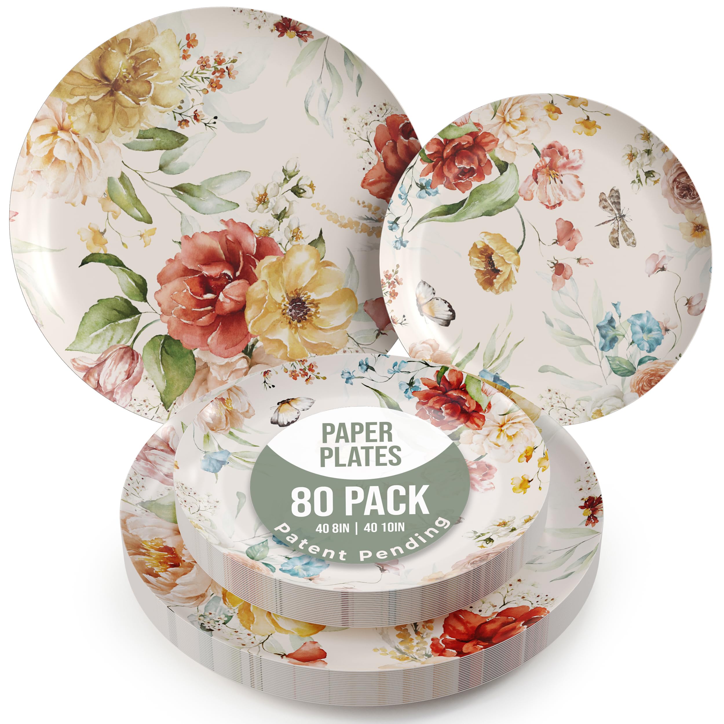 Floral Paper Plates 8.5 Inch & 10.5 Inch 80 Pcs Dinner Plate Set Fancy Disposable Plates for Party for 40 Guests 40 X 8 & 40 X 10 Large & Small Paper Plate Set for Parties Aviv