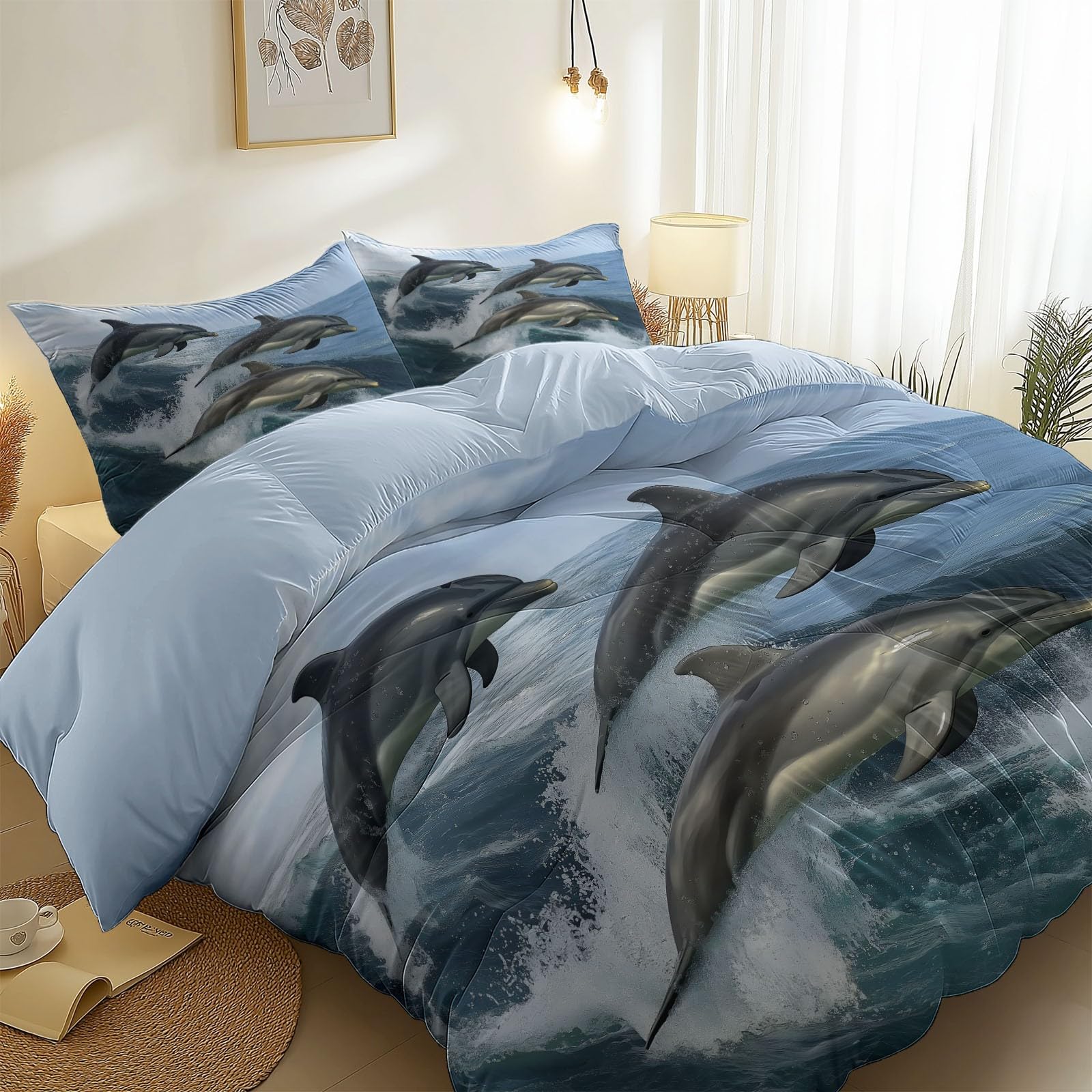 Poszwa na kołdrę ze zwierzęciem Delfin Elegancki nadruk z nadrukiem, jasnoniebieski zestaw pościeli z mikrofibry z 2 poszewkami na poduszki, poszwa na kołdrę 240x260 cm dla dzieci młodzież i dorośli