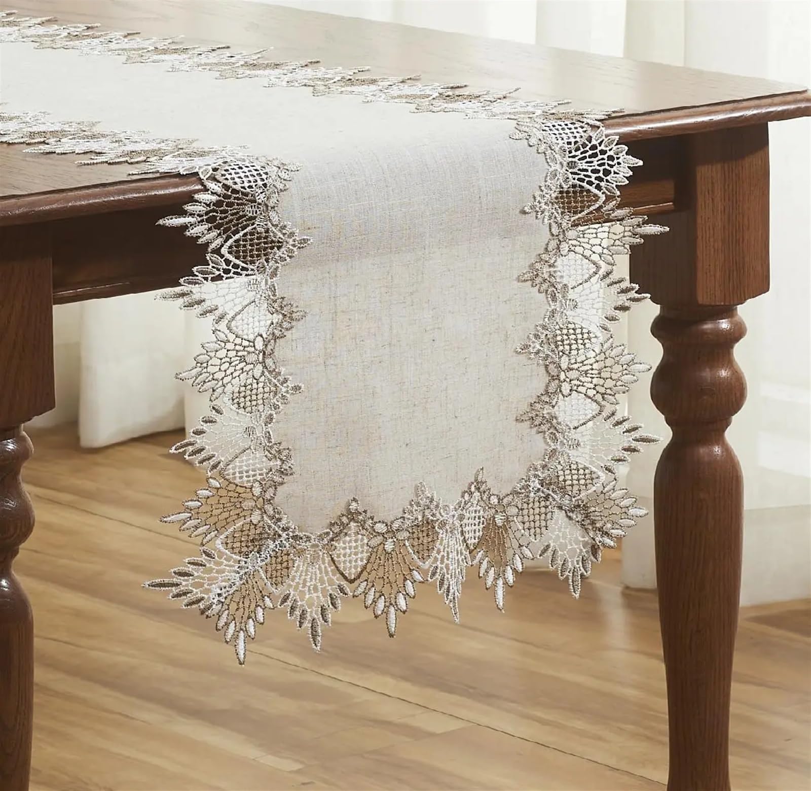 Runner da tavola in pizzo, Festa di nozze in cucina con sciarpa in pizzo lino beige(40x270cm)