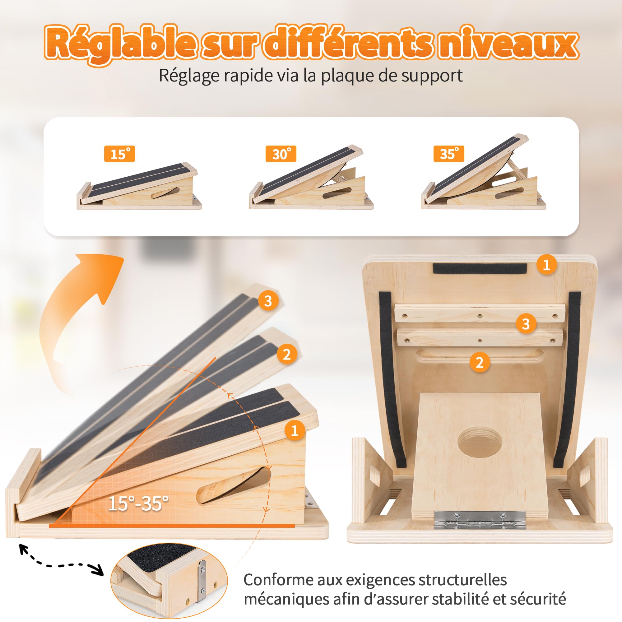 Planche Inclinée en Bois et Plateau d'Équilibre Professionnel 2 en 1, Planche d'Etirement Antidérapante à Angle Réglable pour les Jambes, les Genoux et les Chevilles