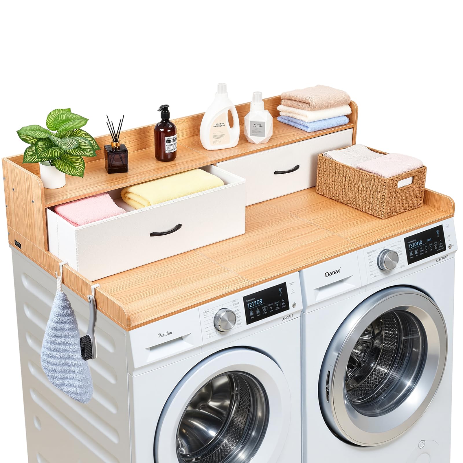 VEVOR 2 Drawers Washer Dryer Countertop with Shelf, 54" x 27" Wooden Laundry Countertop with 2 Hooks & Splicing Panels, Washer and Dryer Topper,
