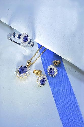 Miniatura 6 de Tirafina Aretes de halo de zafiro azul creados en laboratorio con zafiros blancos creados en laboratorio, joyería de piedra natal, plata esterlina