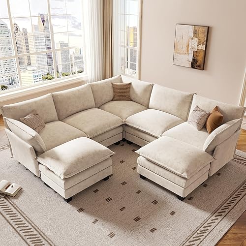 Miniatura 24 de KKL Sofá Cama Seccional Modular Grande de 91.3", Sofá Cama Convertible en Forma de J/L de 6 Plazas Sofá Nube con Otomana, Sofás Seccionales