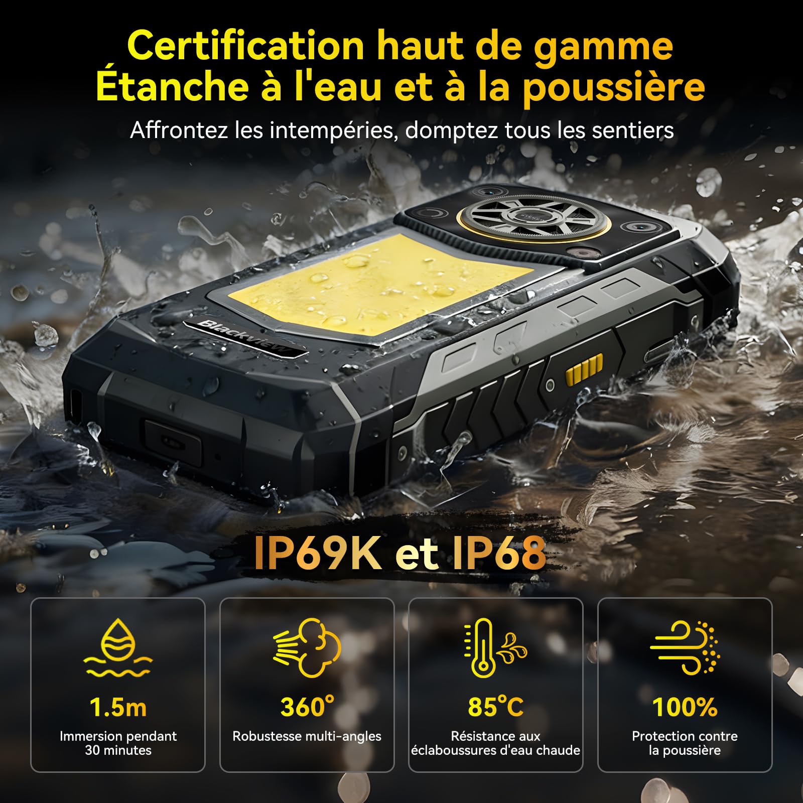 Blackview ROCK 5 Téléphone Incassable 2026, 24Go+256Go/2To Android 16 Smartphone Incassable, 20000mAh Business Telephone, 108MP +50MP +20MP Vision Nocturne, 6.78" FHD+ Display 120Hz IP69K, NFC/OTG/GPS