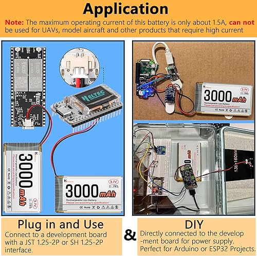 Miniatura 2 de 3.7V 3000mAh Batería Recargable 1S 1C LiPo para Arduino NodeMCU ESP32 Tablero de Desarrollo, con JST 1.25 Plug Placa de Protección y Cinta de Caucho