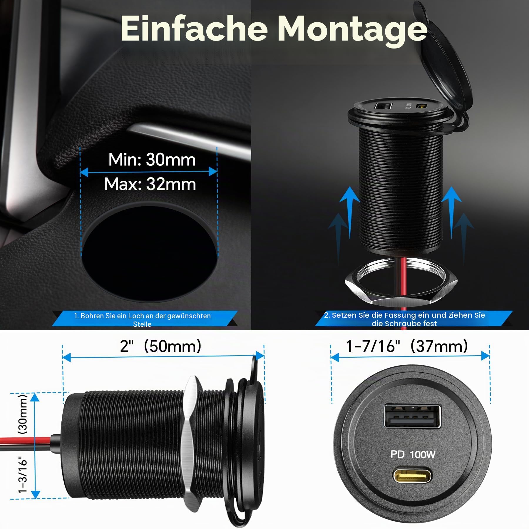 acegoo 12V USB C Steckdose 100W PD & 18W QC, Wohnmobil Auto USB Dose Buchse 12 Volt KFZ Wasserdicht Laptop Einbau Ladegerät für Camper Auto Motorrad Boot LKW Wohnwagen (1 Stück)