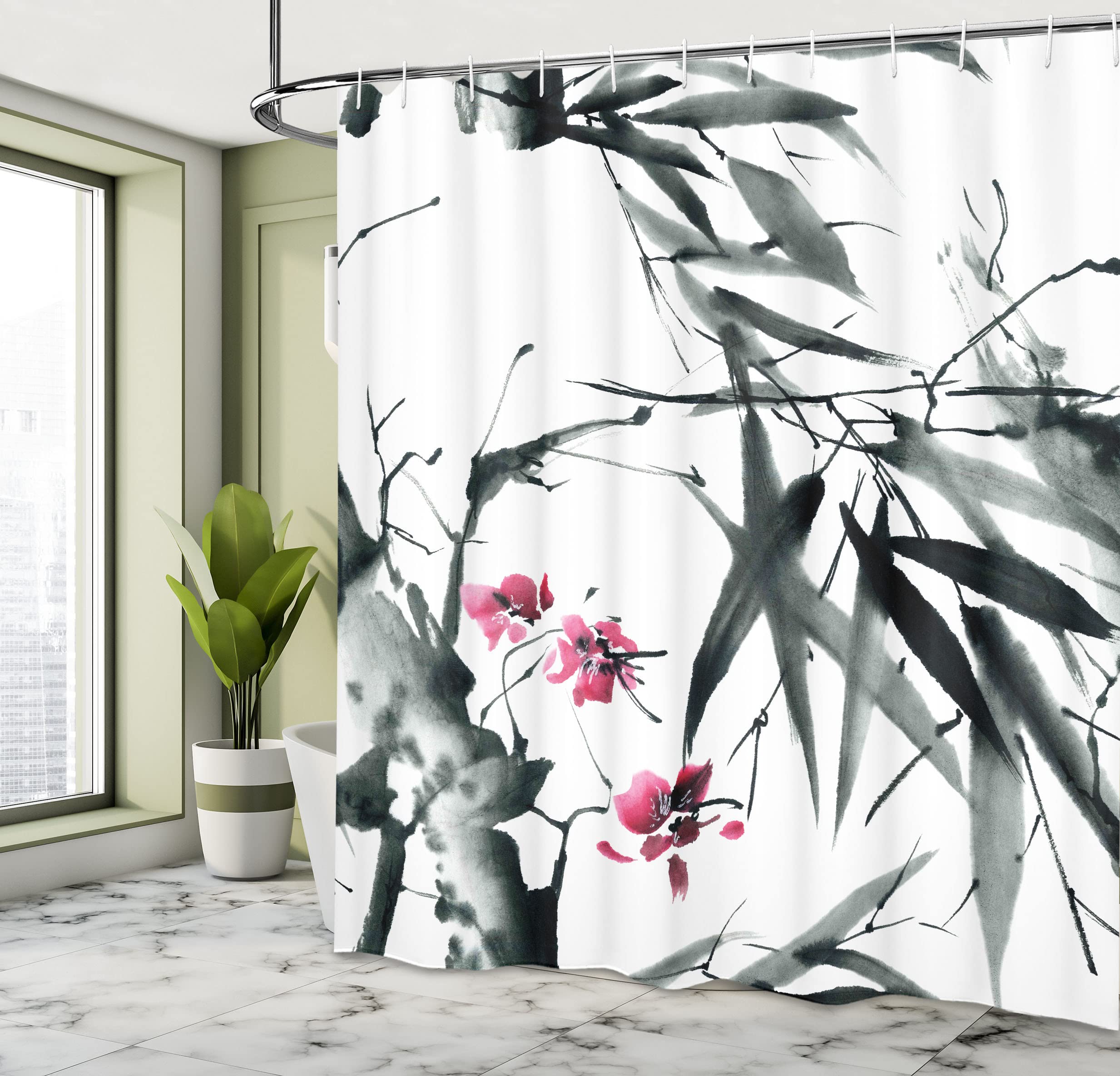ABAKUHAUS Japanese Shower Curtain, Natural Bamboo Stems Cherry Blossom Japanese Inspired Folk Print - Image 4