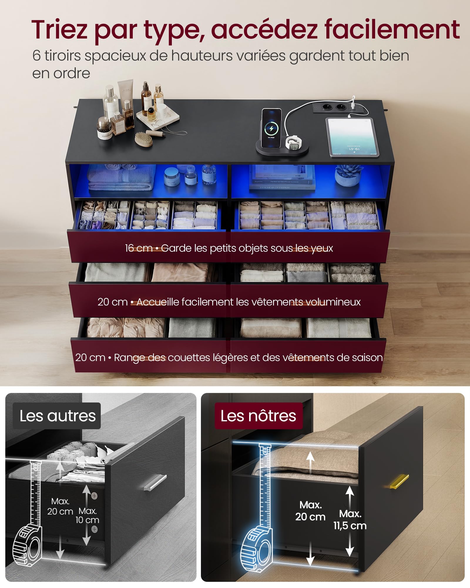 VASAGLE Custos Collection - Commode avec Éclairage LED et Multiprise Intégrée, Armoire de Rangement Moderne, pour Salon, Chambre, 6 Tiroirs, 40 x 119 x 81,2 cm, Noir d'encre LTS316BC01