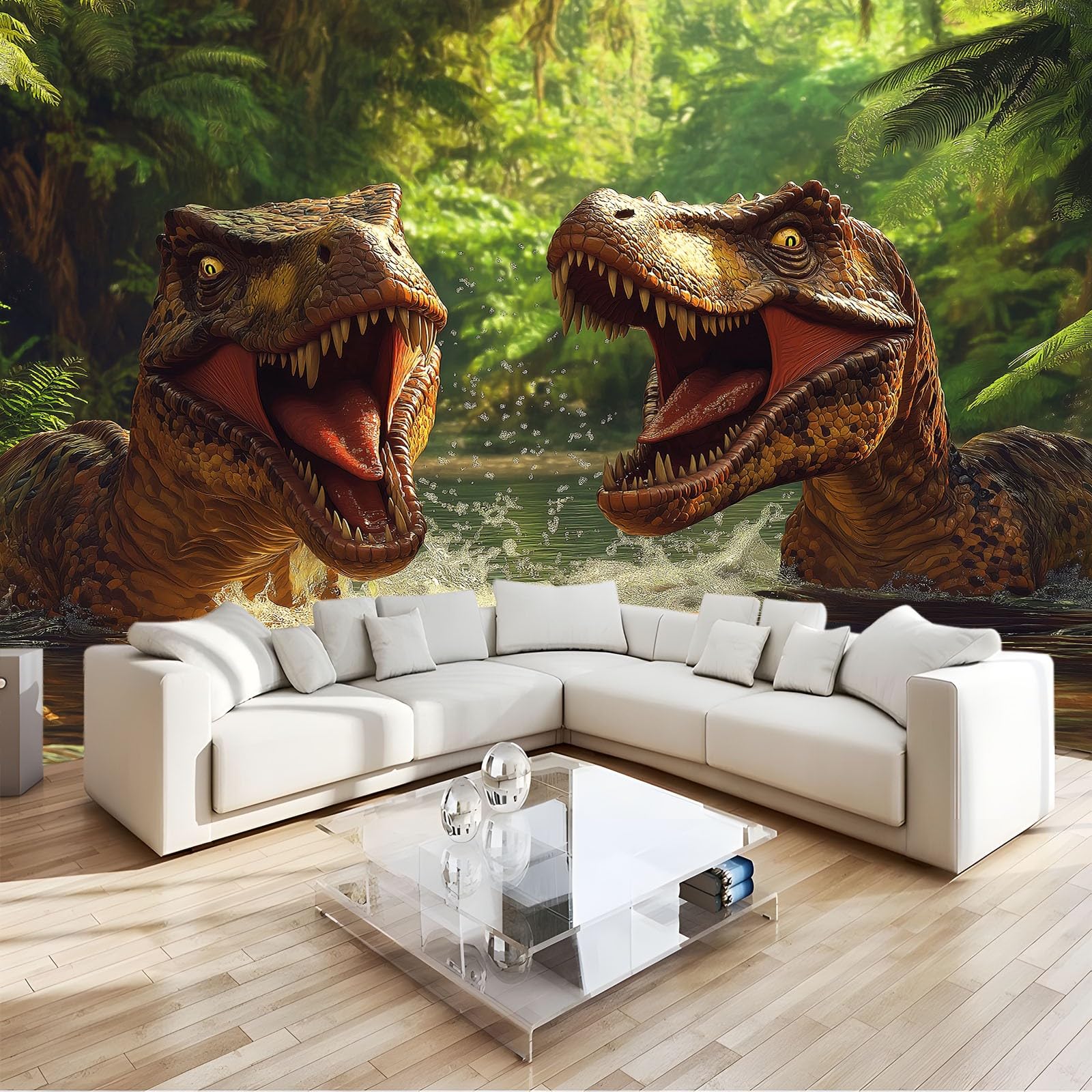 Wall Mural Wallpaper Prehistoric Forest Dinosaur Premium Non-Woven Green Art Photo Decals, for Home Interiors Kids Bedroom Décor W300 X H210 Cm
