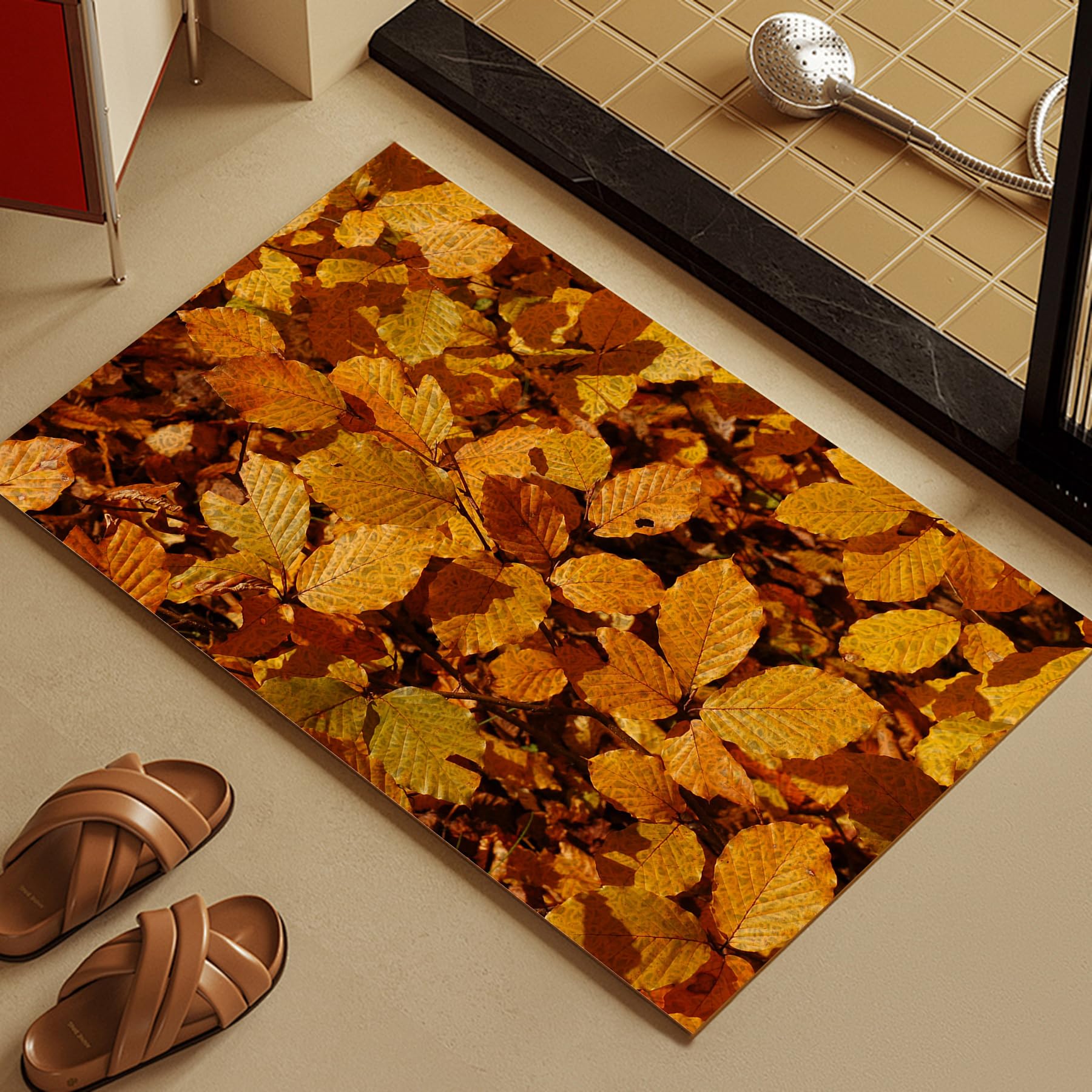 Soft Shower Mat non slip 45x75cm - Golden Yellow & Amber Autumn Beech Leaf Background Loofah style PVC mat for inside shower - Washable and Quick Drying anti slip suitable for all Wet Surfaces
