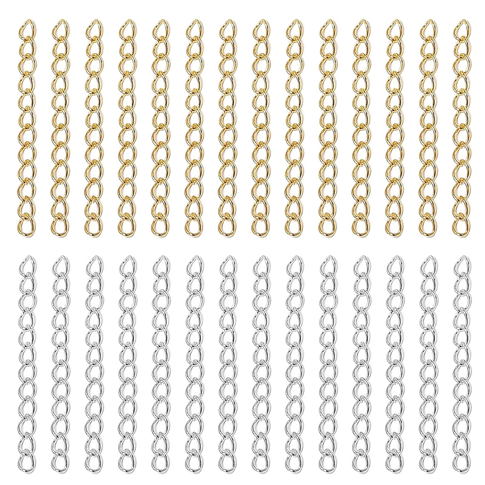 200 Stück Kettenverlängerungen für Schmuckherstellung, Armband gedrehte Kettenverlängerungskette für Schmuckherstellung, Halsketten, Armbänder, Fußkettchen (Silber und Gold), 70 mm x 4 mm